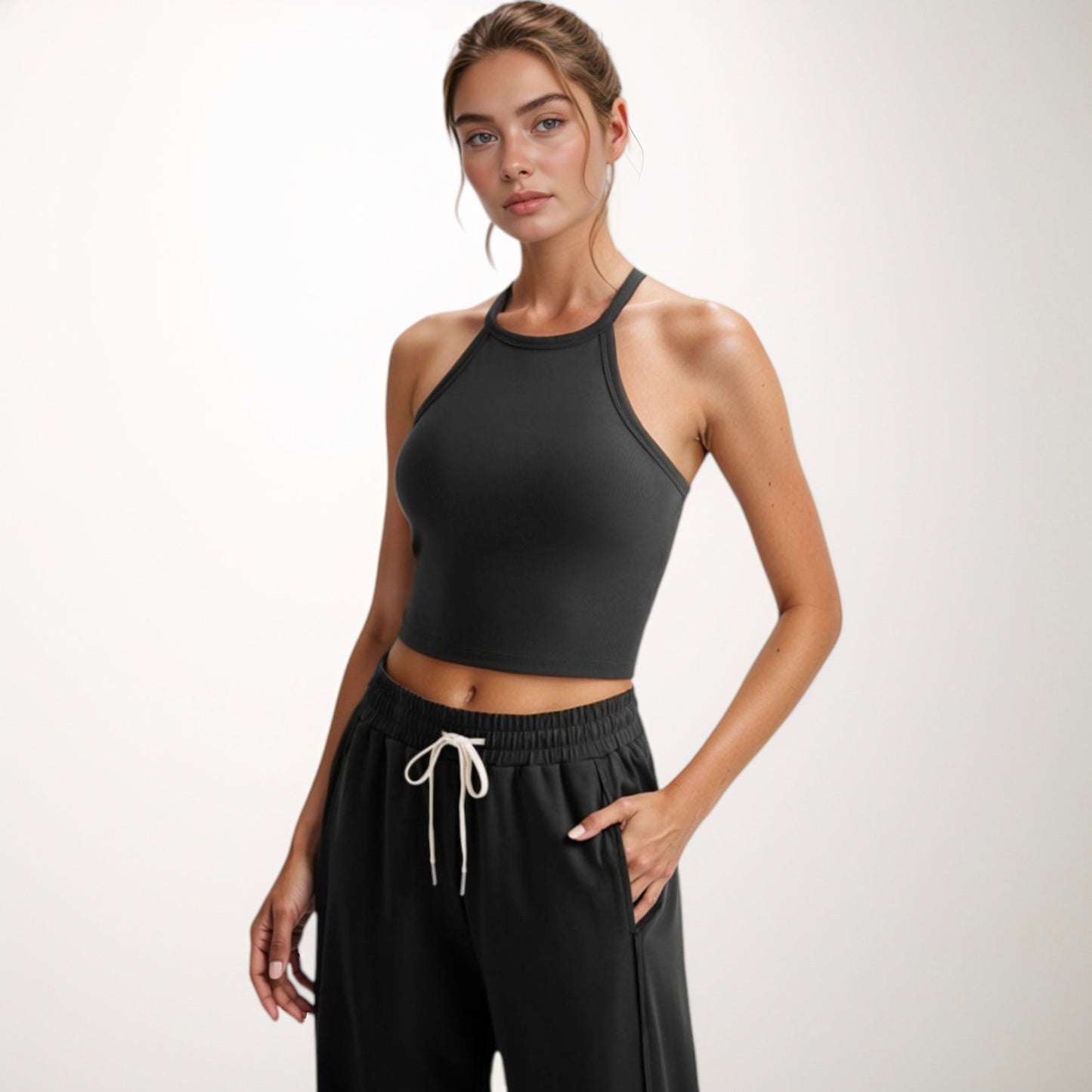 Anna-Kaci Active Women's High Neck Cropped Tank Top with Racer Style Straps and Seamless Fit for Active and Casual Wear