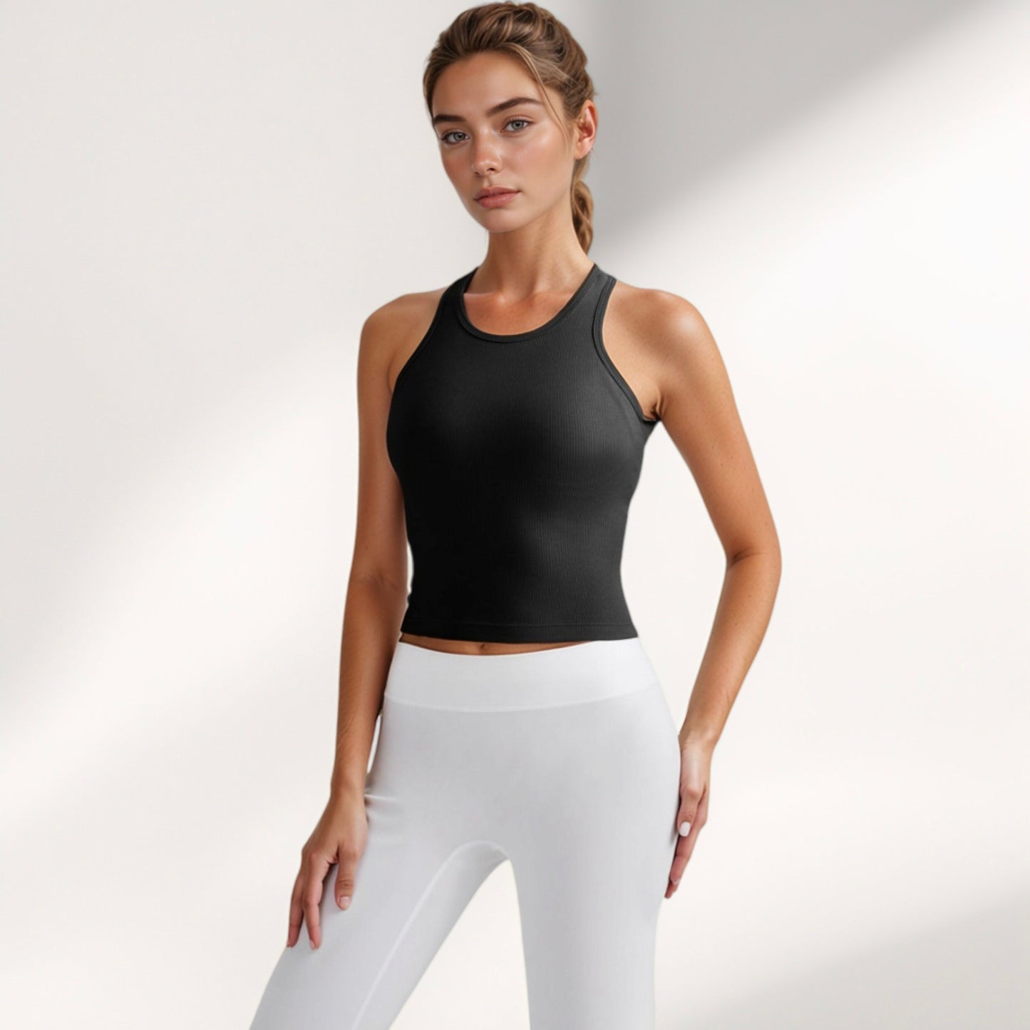 Anna-Kaci Active Women's Ribbed Black High Neck Crop Tank Top for Active and Casual Wear