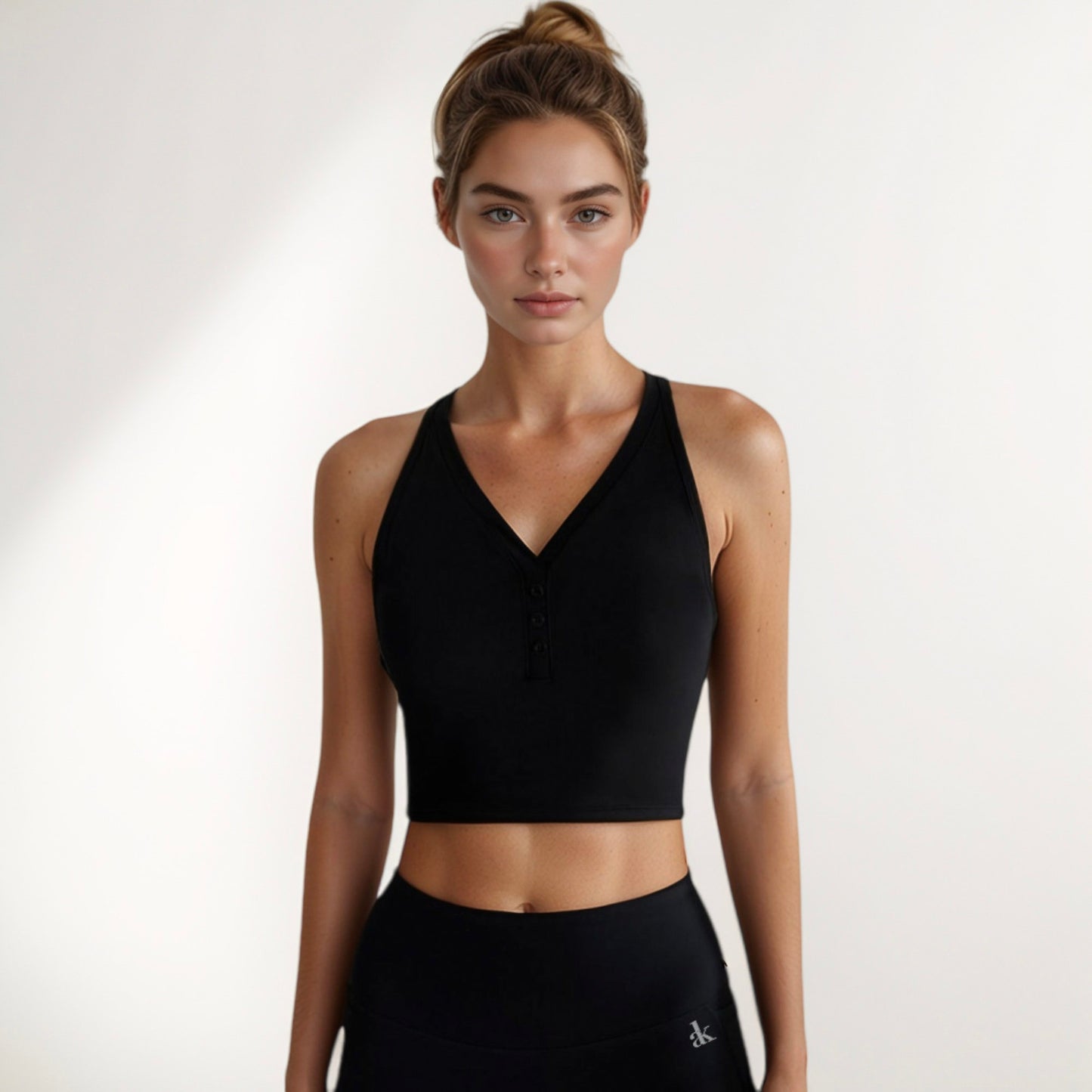 Anna-Kaci Active Women's Longline V-Neck Sports Bra with Faux Button Detail and Wide Shoulder Straps for Low Impact Support