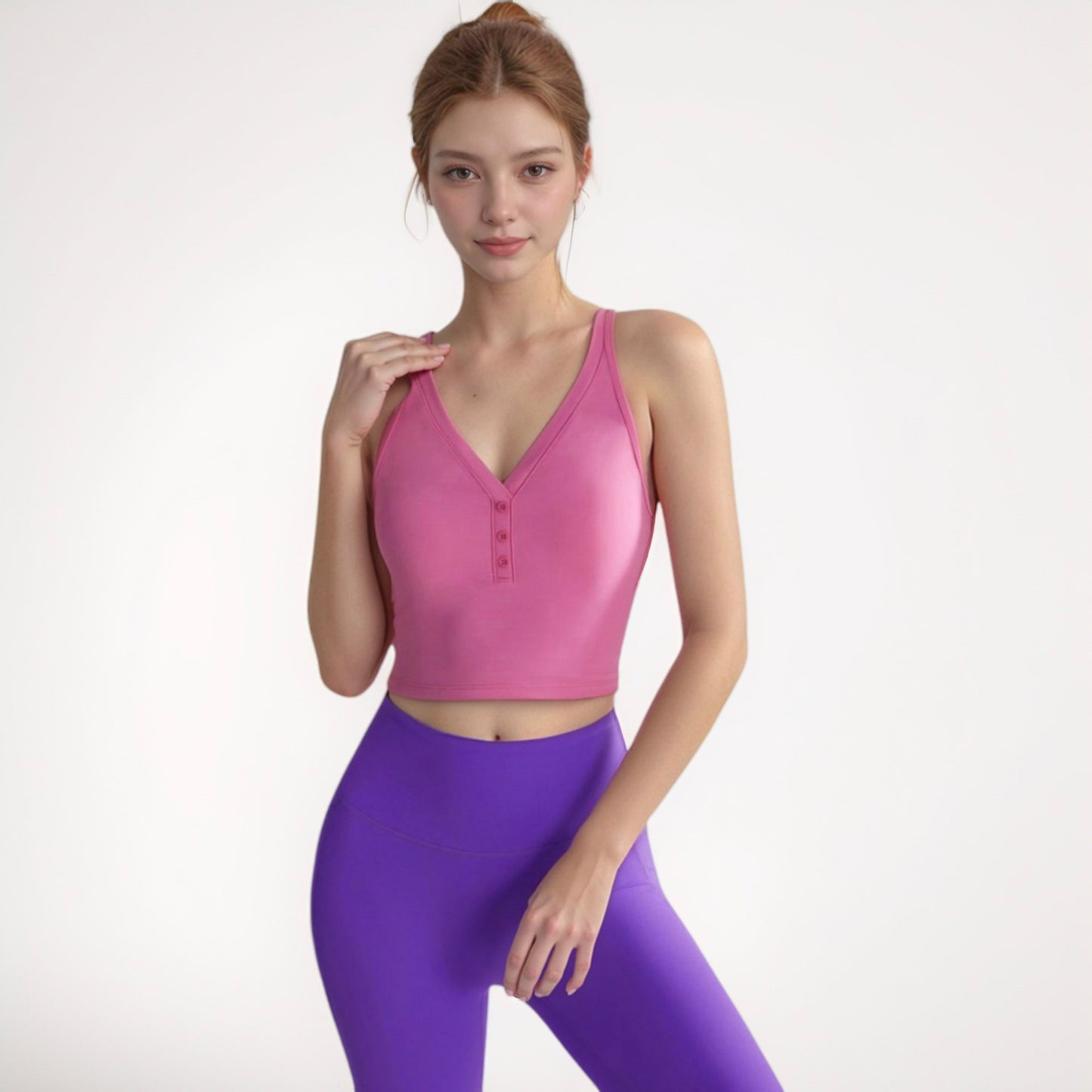 Anna-Kaci Active Women's Longline V-Neck Sports Bra with Faux Button Detail and Wide Shoulder Straps for Low Impact Support