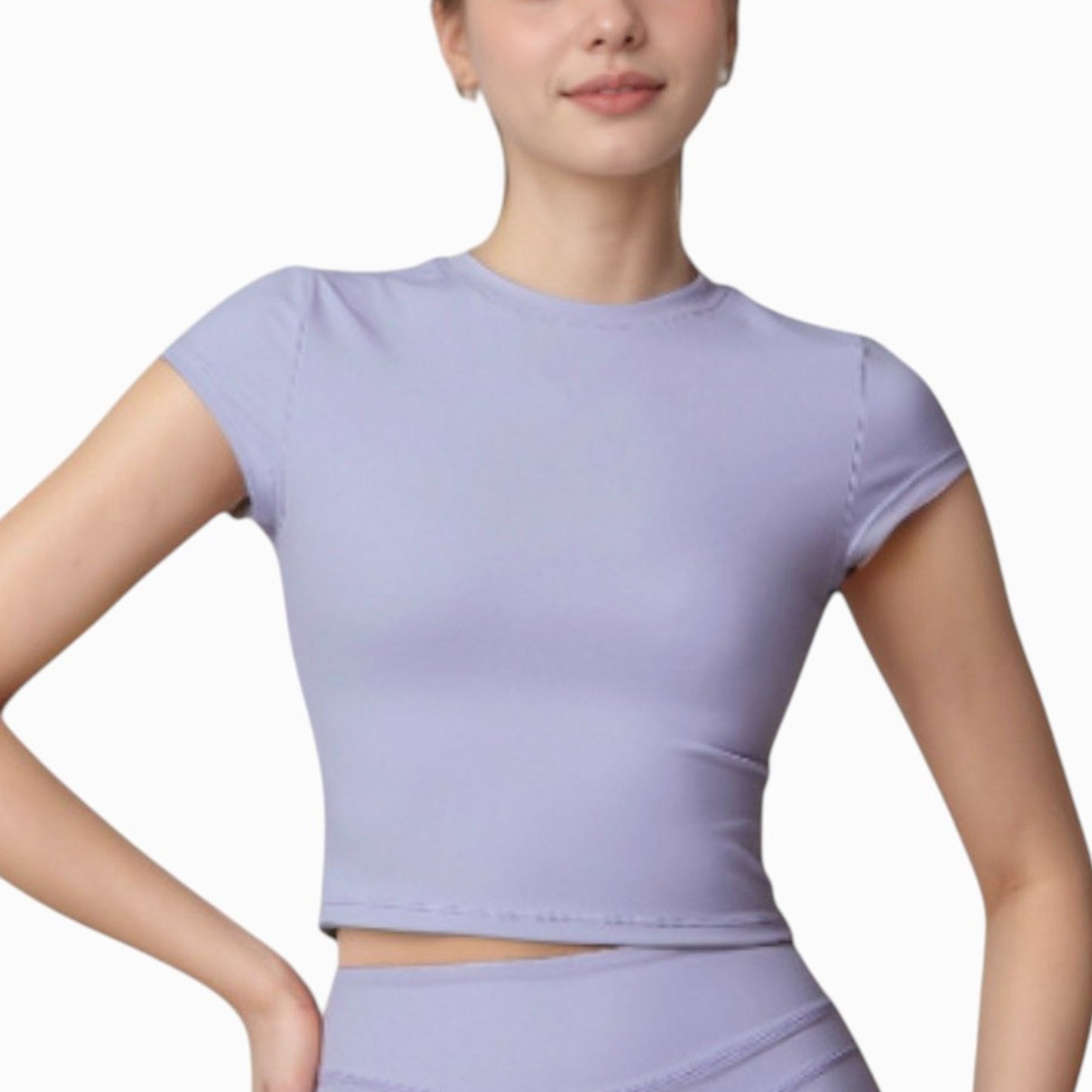 Anna-Kaci Active Women's Fitted Crop Active Tee Short Sleeve Round Neck Stretch Performance Fabric - Small, Beige