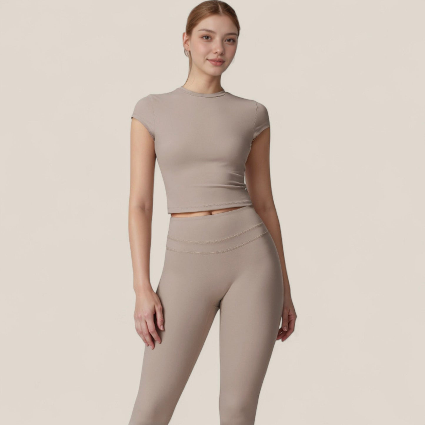 Anna-Kaci Active Women's Fitted Crop Active Tee Short Sleeve Round Neck Stretch Performance Fabric - Small, Beige
