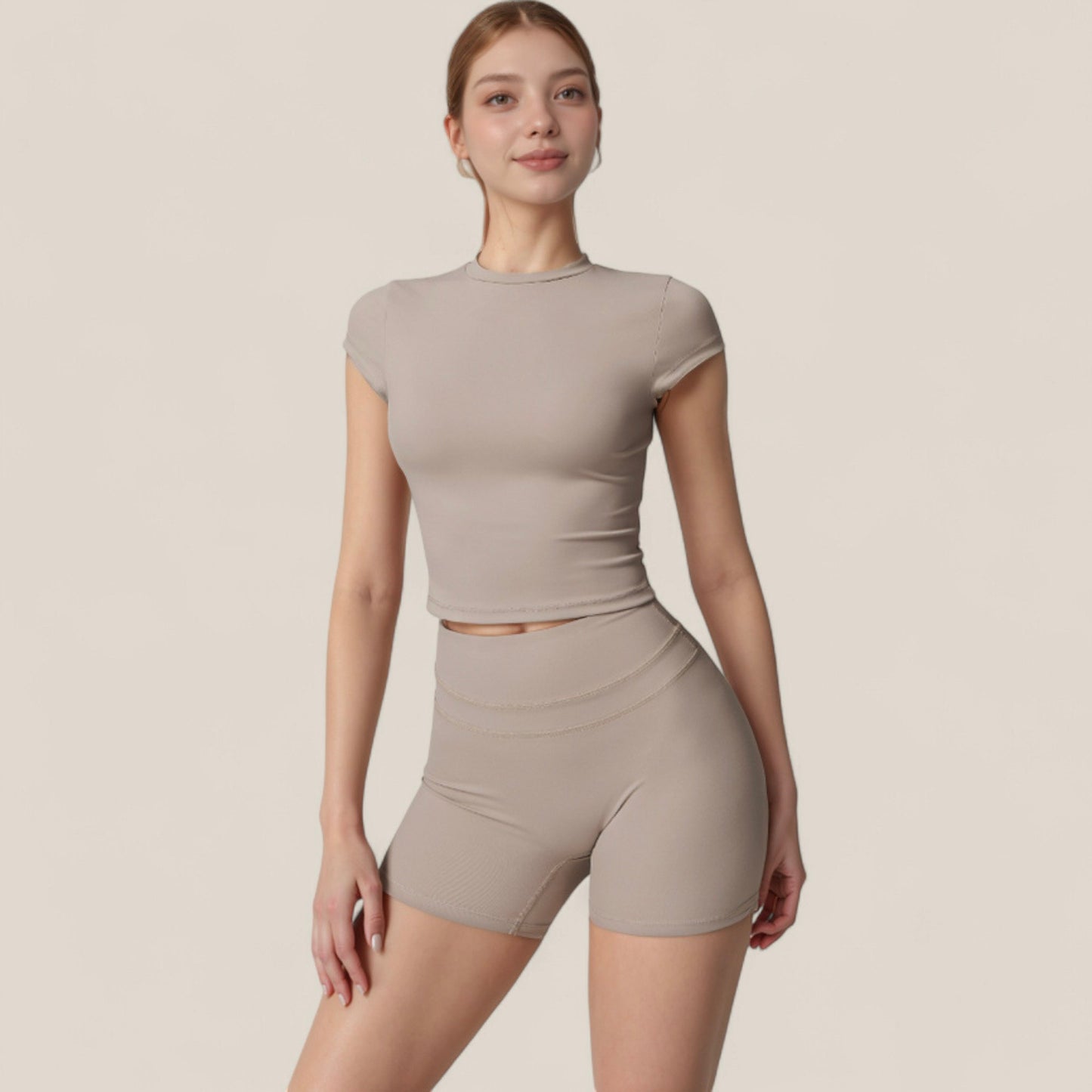 Anna-Kaci Active Women's Fitted Crop Active Tee Short Sleeve Round Neck Stretch Performance Fabric - Small, Beige