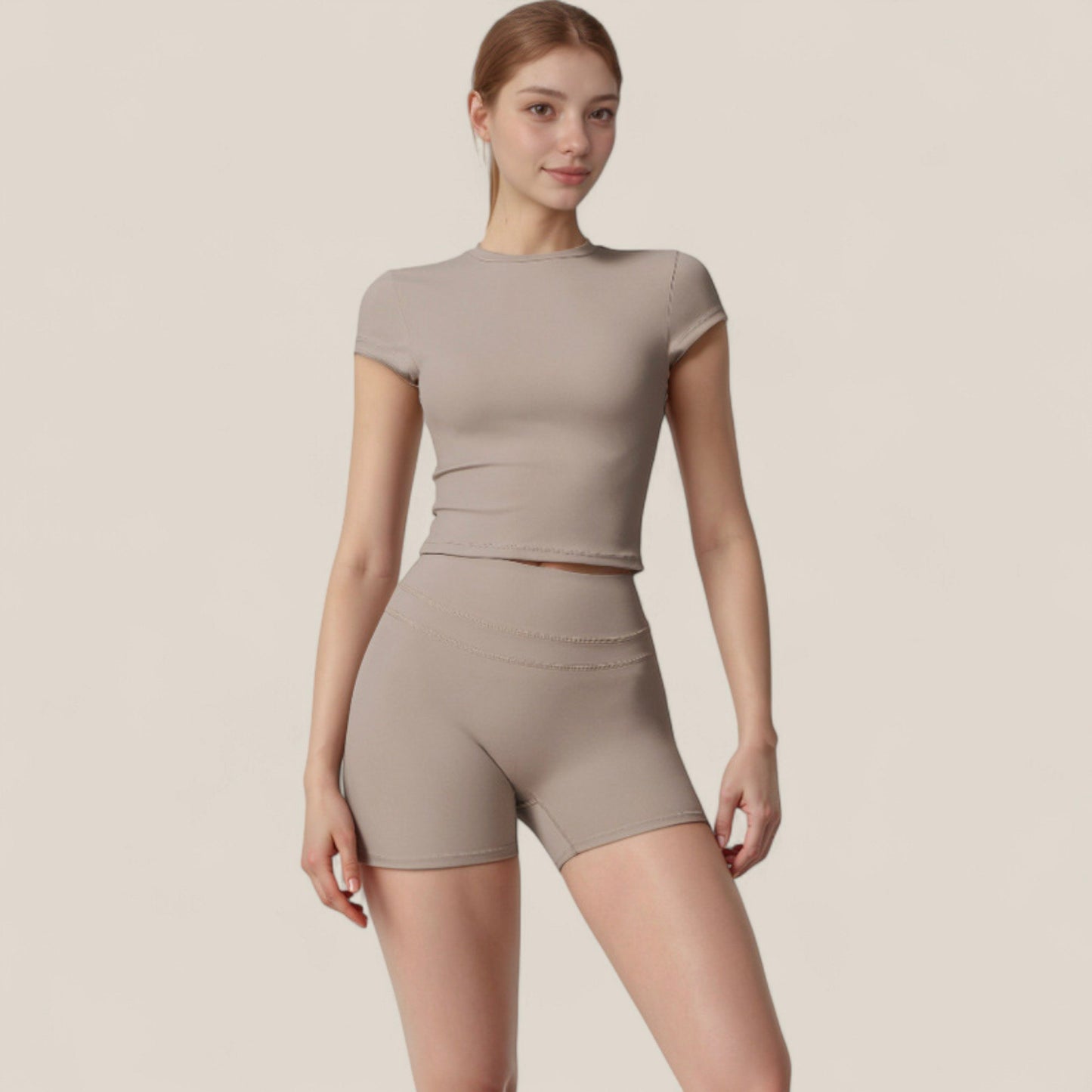 Anna-Kaci Active Women's Fitted Crop Active Tee Short Sleeve Round Neck Stretch Performance Fabric - Small, Beige