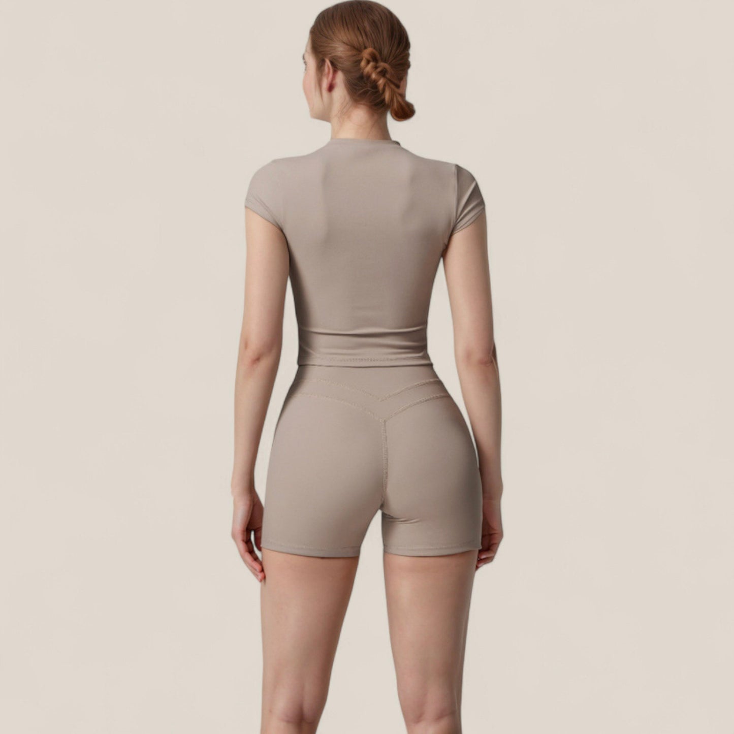 Anna-Kaci Active Women's Fitted Crop Active Tee Short Sleeve Round Neck Stretch Performance Fabric - Small, Beige