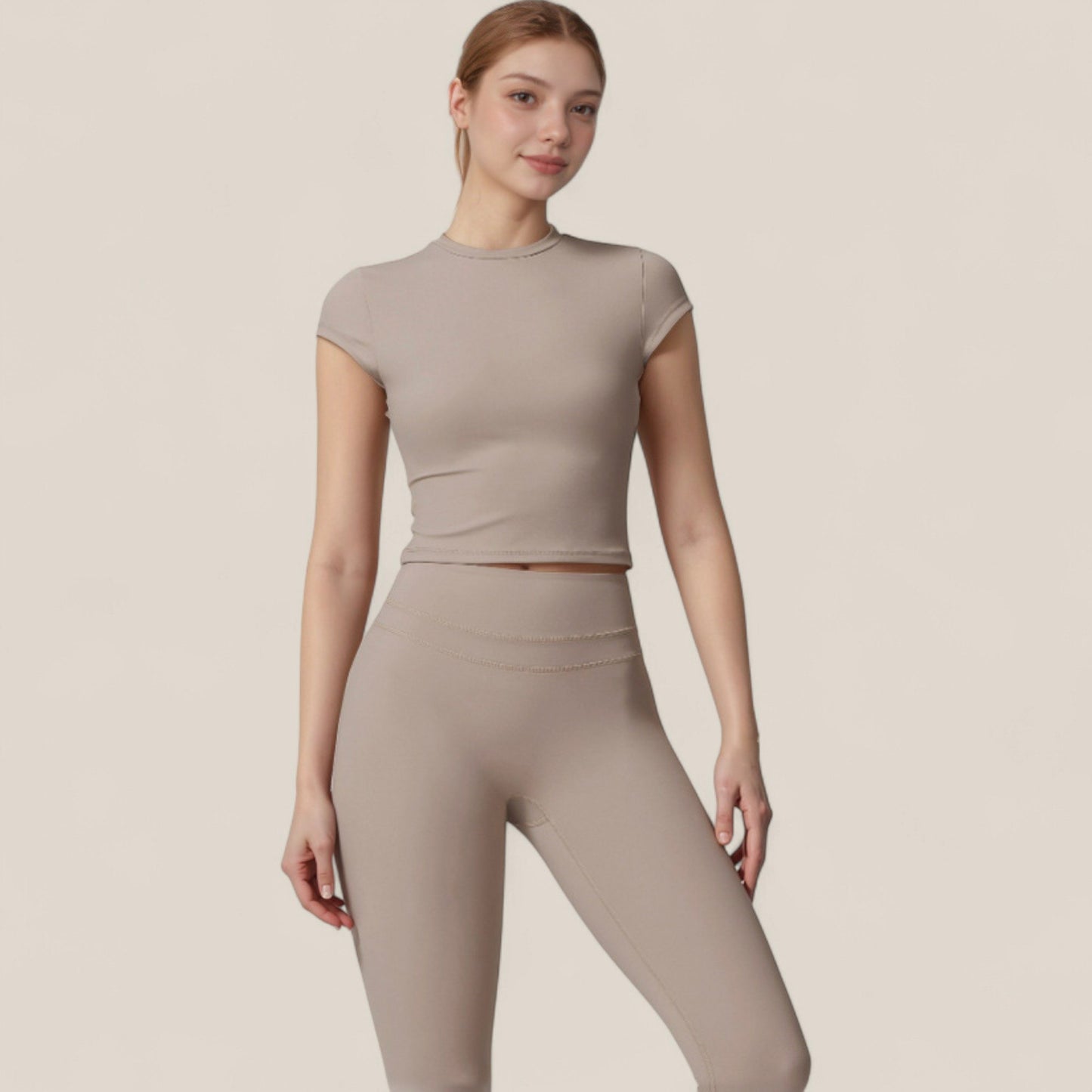 Anna-Kaci Active Women's Fitted Crop Active Tee Short Sleeve Round Neck Stretch Performance Fabric - Small, Beige