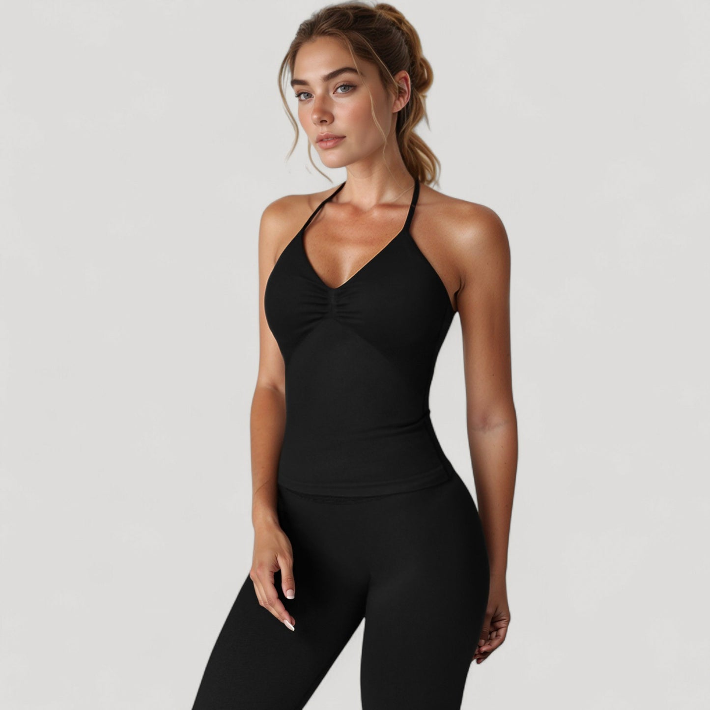 Anna-Kaci Active Women's Seamless Padded Cami Tank Top with Ruched Front Detail and Adjustable Halter Straps - Small, Gray
