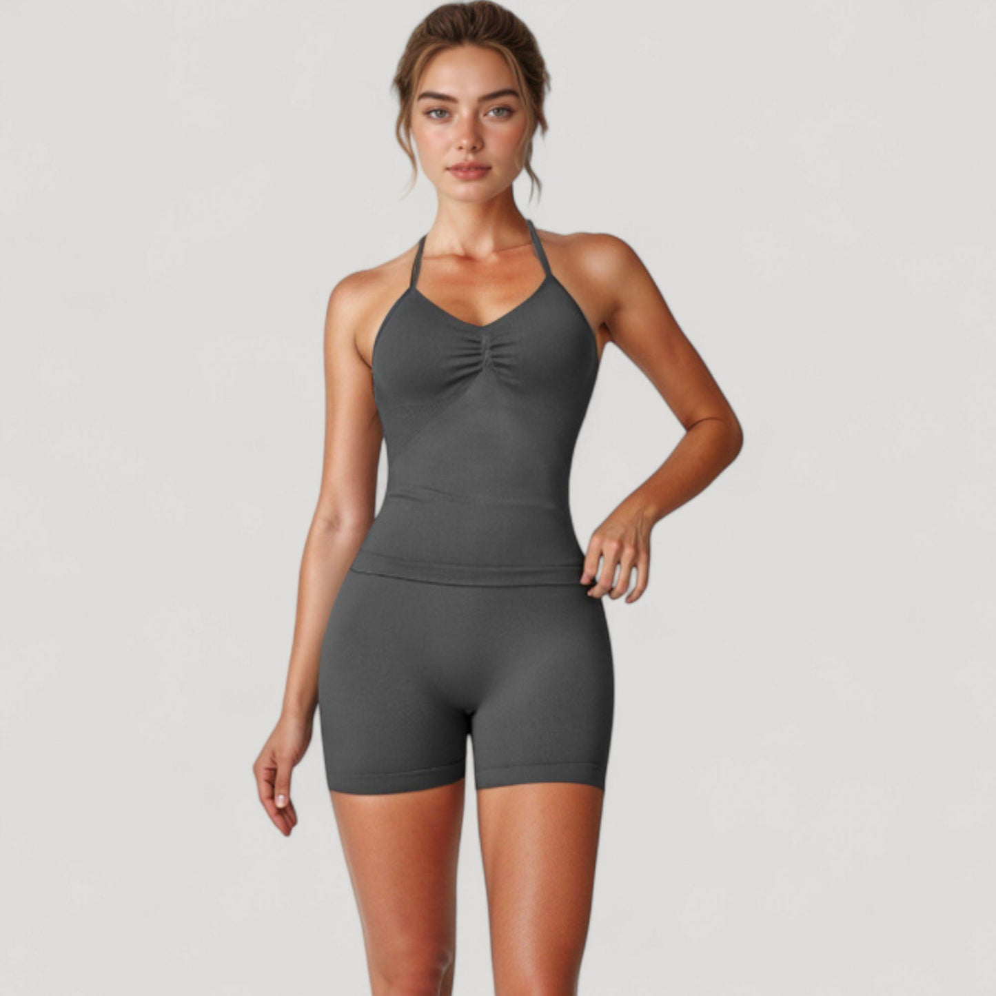 Anna-Kaci Active Women's Seamless Padded Cami Tank Top with Ruched Front Detail and Adjustable Halter Straps - Small, Gray