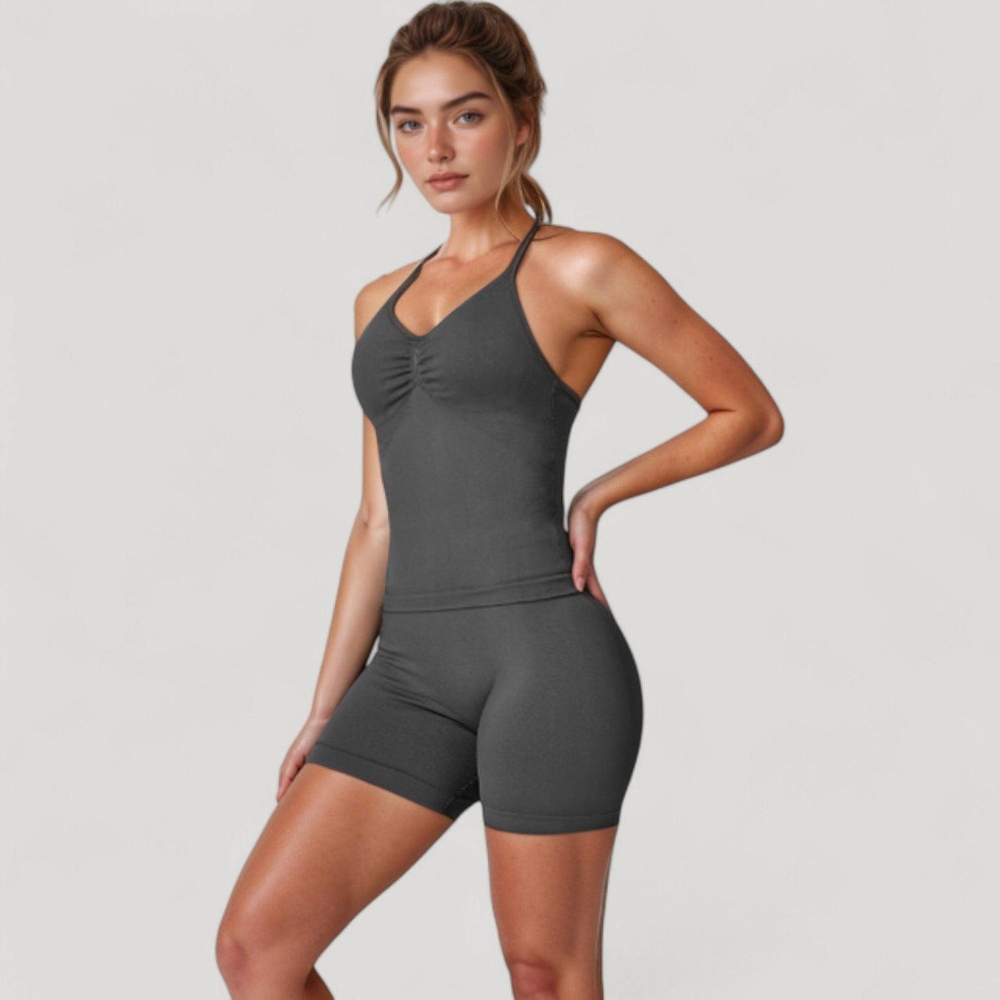 Anna-Kaci Active Women's Seamless Padded Cami Tank Top with Ruched Front Detail and Adjustable Halter Straps - Small, Gray