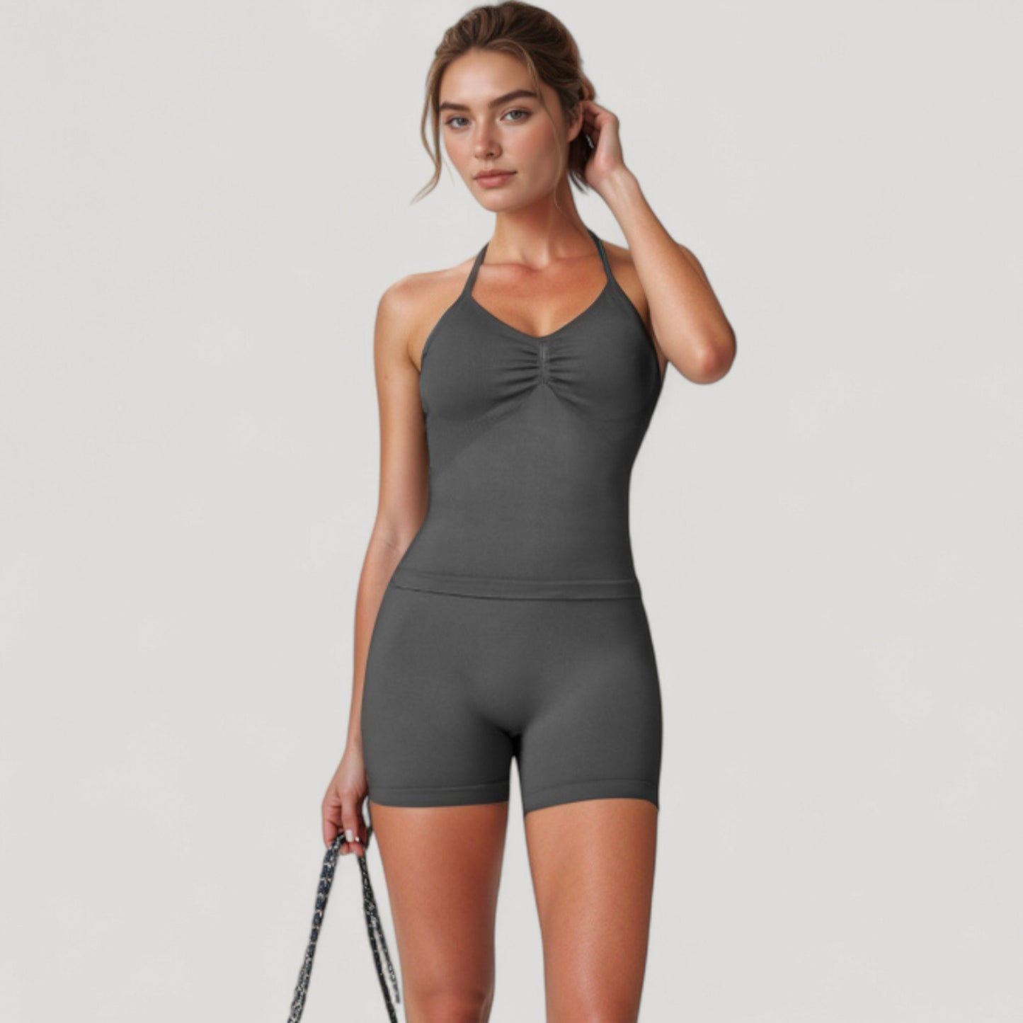 Anna-Kaci Active Women's Seamless Padded Cami Tank Top with Ruched Front Detail and Adjustable Halter Straps - Small, Gray