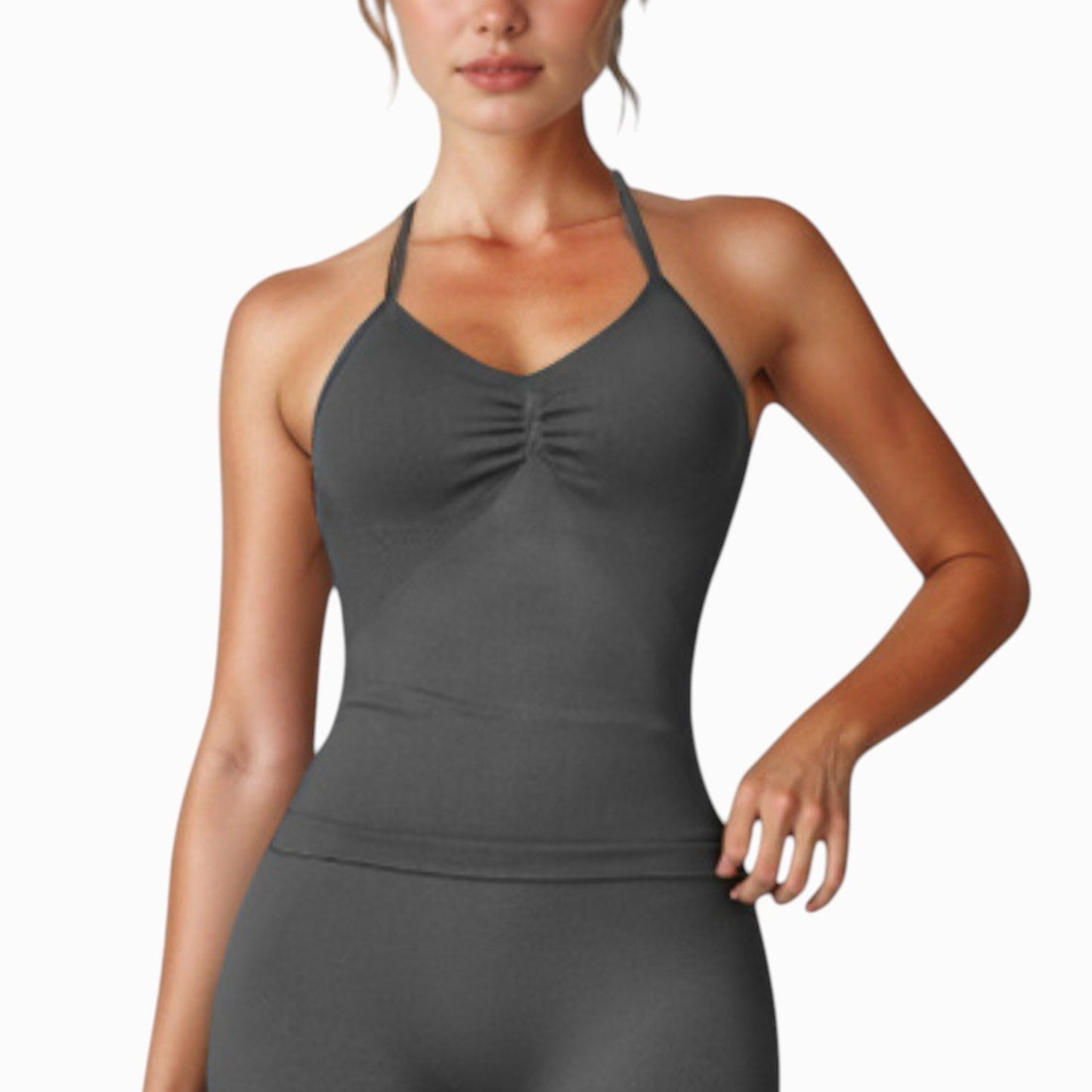 Anna-Kaci Active Women's Seamless Padded Cami Tank Top with Ruched Front Detail and Adjustable Halter Straps - Small, Gray