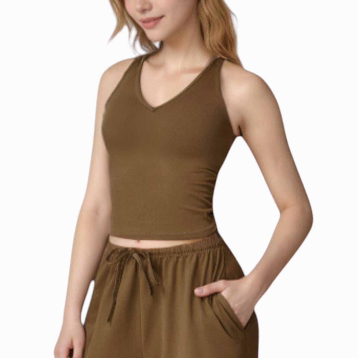 Anna-Kaci Active Women's Cropped Active Tank Top with Built-In Bra and Racerback Design - Small, Brown