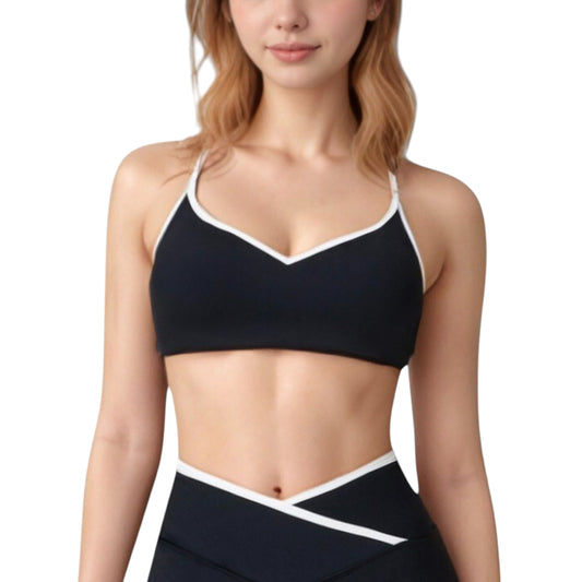 Anna-Kaci Active Women's V-Neck Sports Bra with Contrast Trim and Thin Adjustable Straps