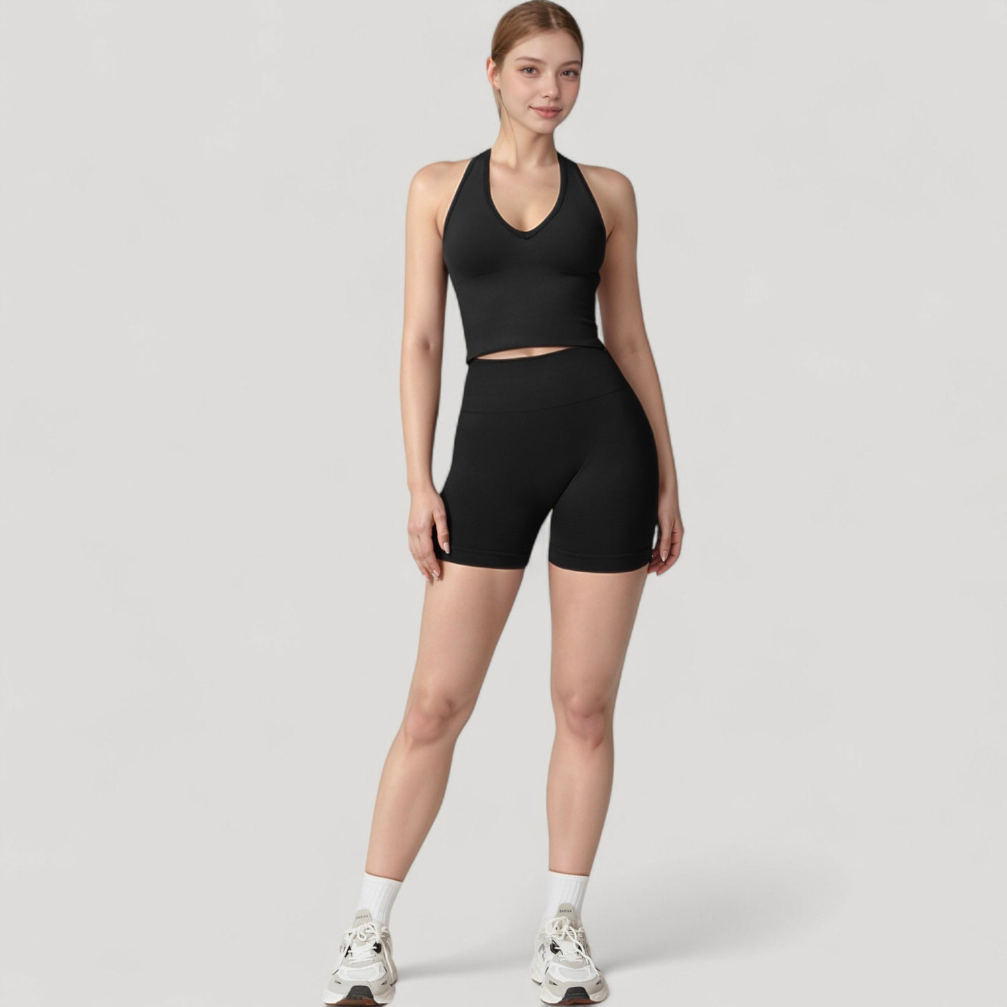Anna-Kaci Active Women's Seamless Ribbed Knit Halter Crop Top with V-Neckline and Built-In Support