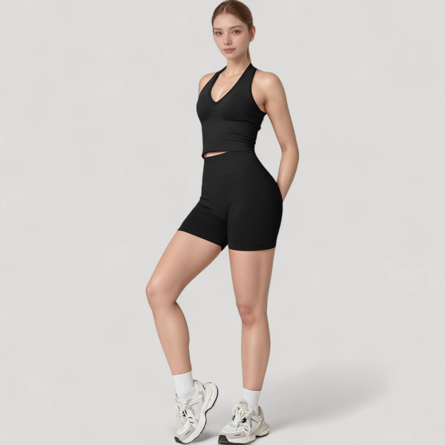 Anna-Kaci Active Women's Seamless Ribbed Knit Halter Crop Top with V-Neckline and Built-In Support