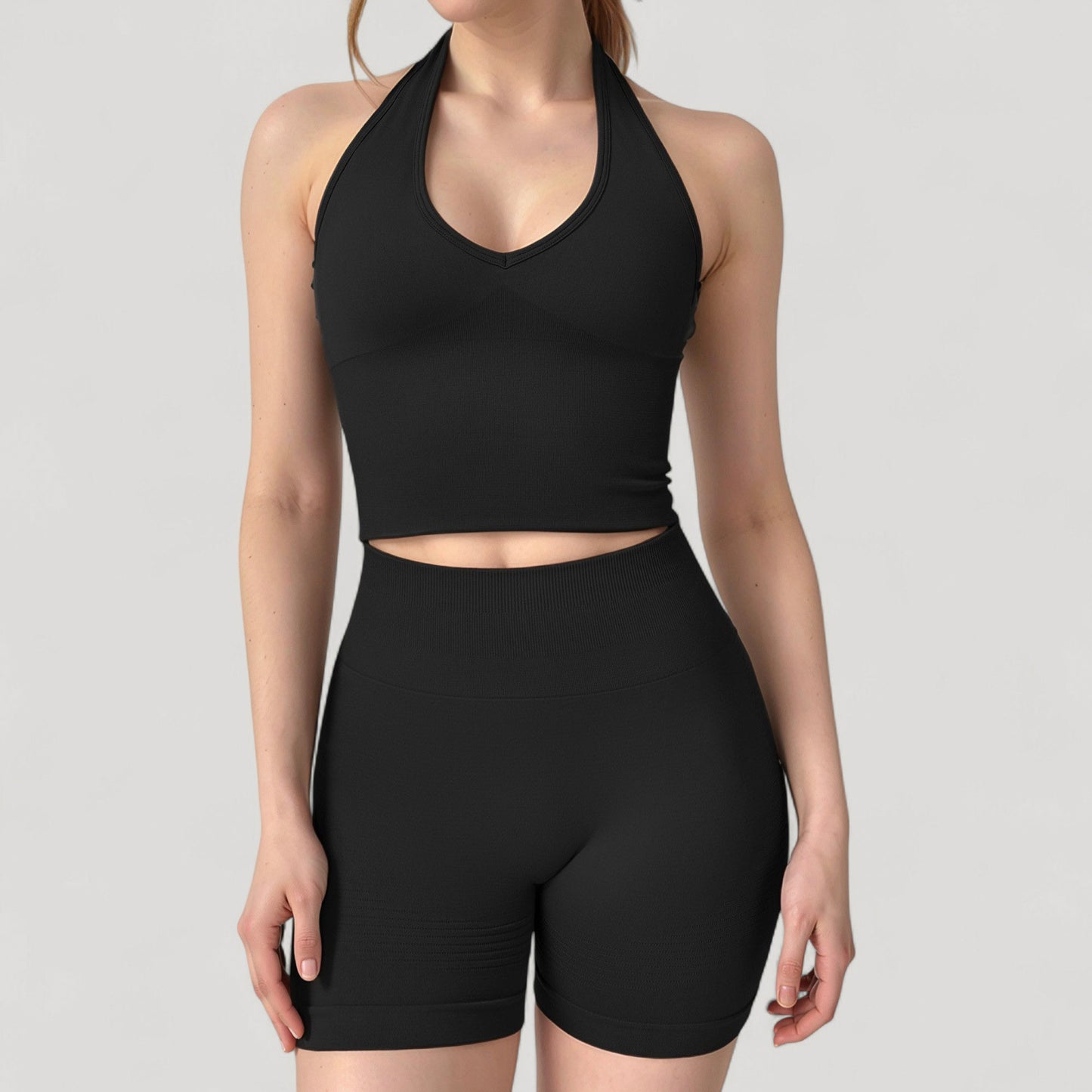 Anna-Kaci Active Women's Seamless Ribbed Knit Halter Crop Top with V-Neckline and Built-In Support