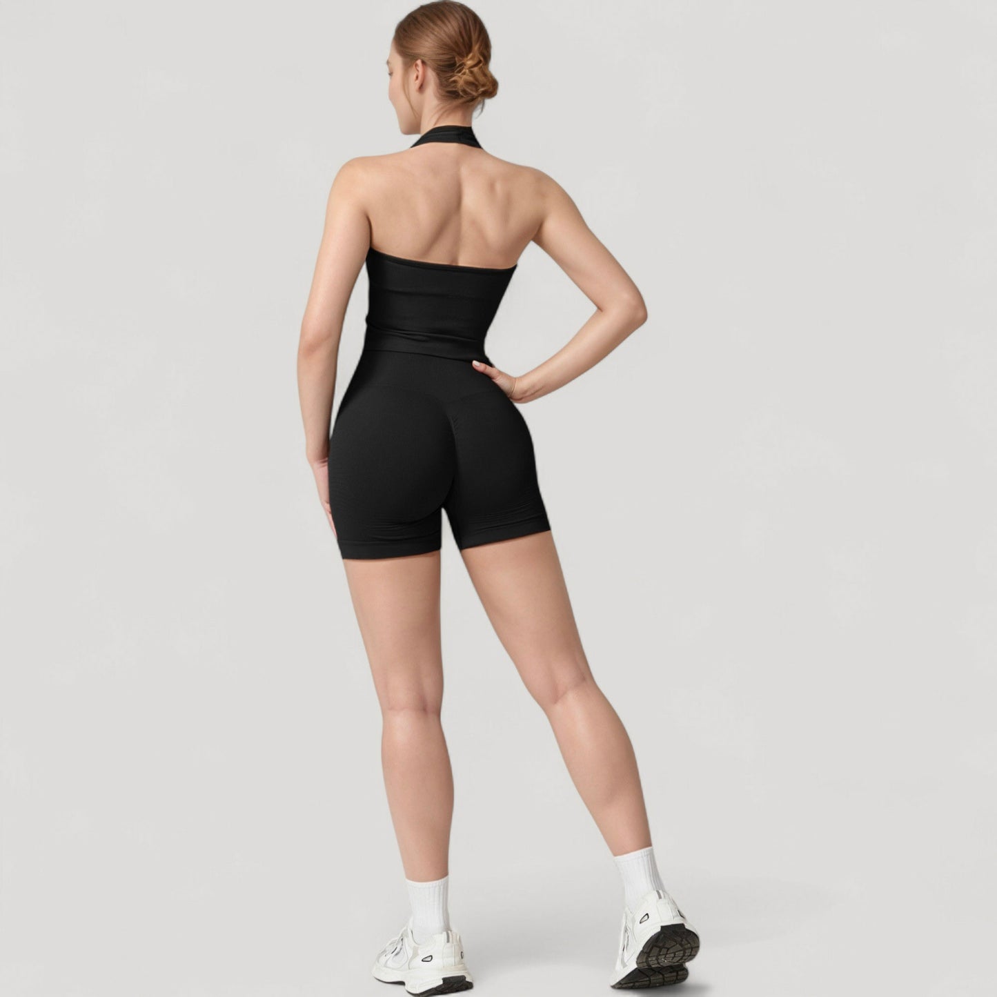 Anna-Kaci Active Women's Seamless Ribbed Knit Halter Crop Top with V-Neckline and Built-In Support