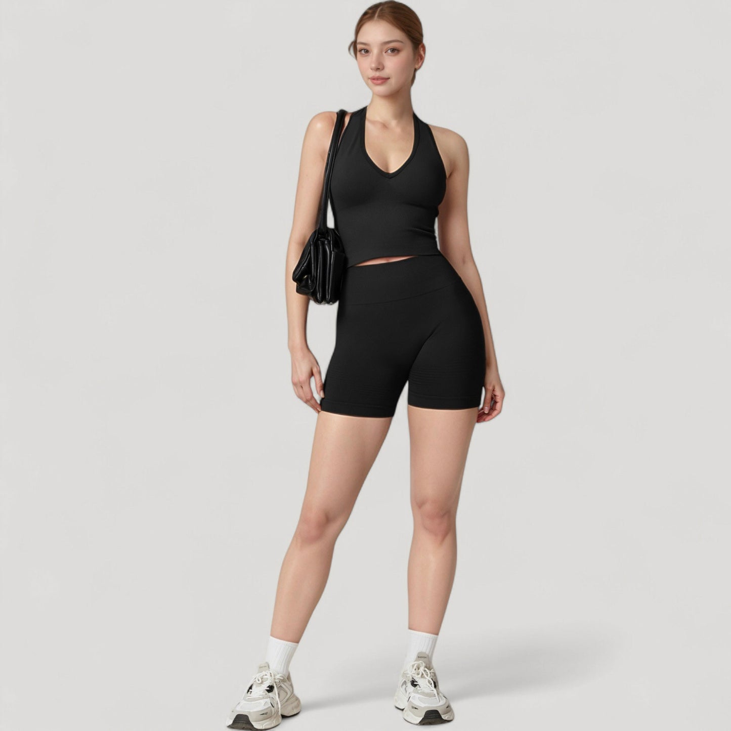 Anna-Kaci Active Women's Seamless Ribbed Knit Halter Crop Top with V-Neckline and Built-In Support
