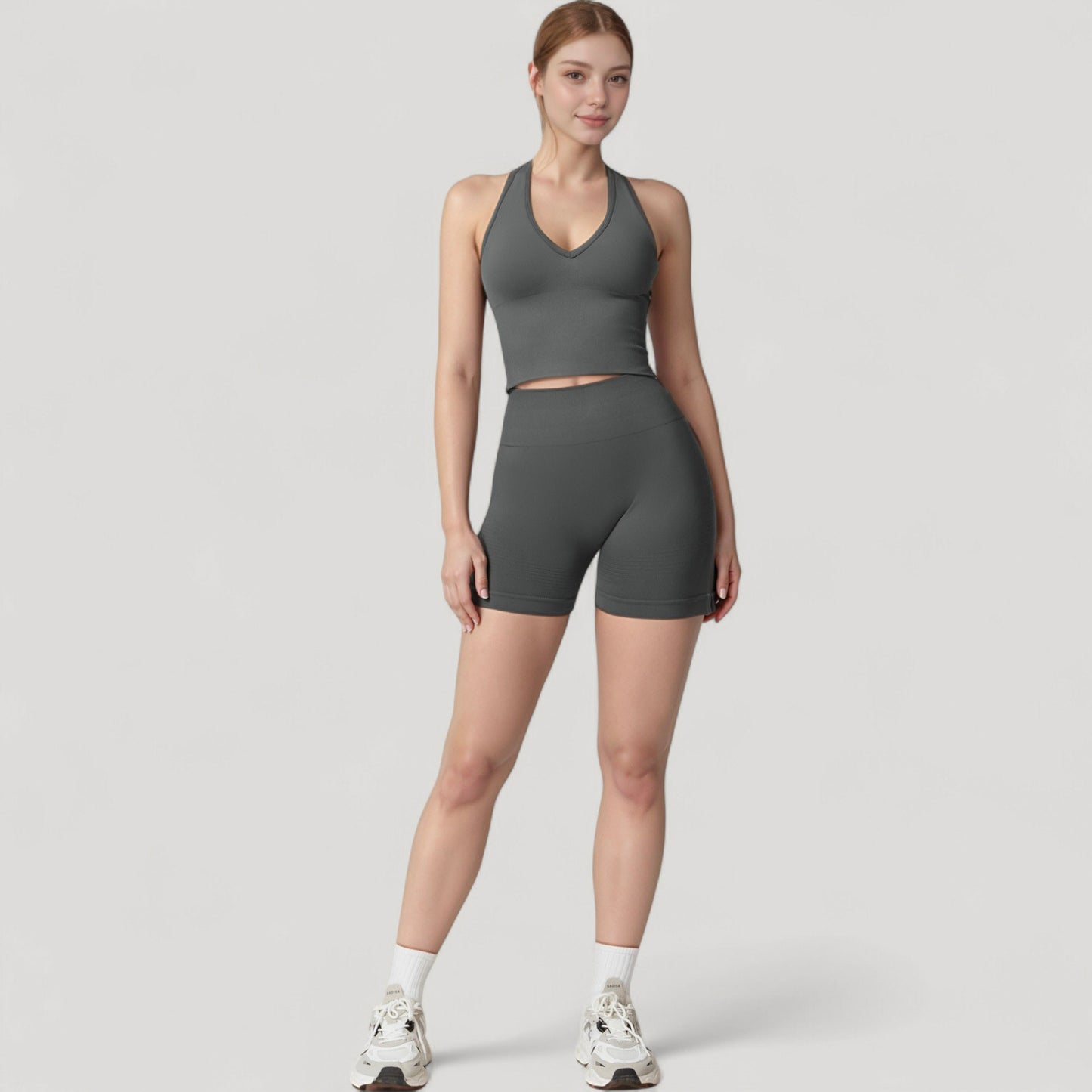 Anna-Kaci Active Women's Seamless Ribbed Knit Halter Crop Top with V-Neckline and Built-In Support