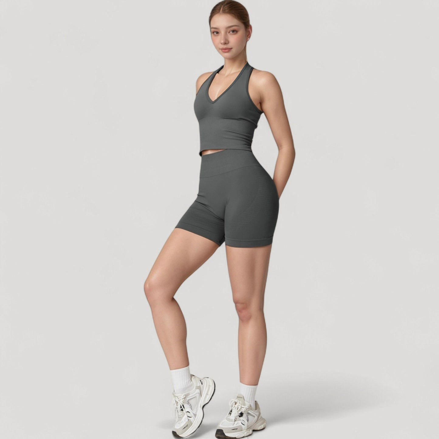 Anna-Kaci Active Women's Seamless Ribbed Knit Halter Crop Top with V-Neckline and Built-In Support