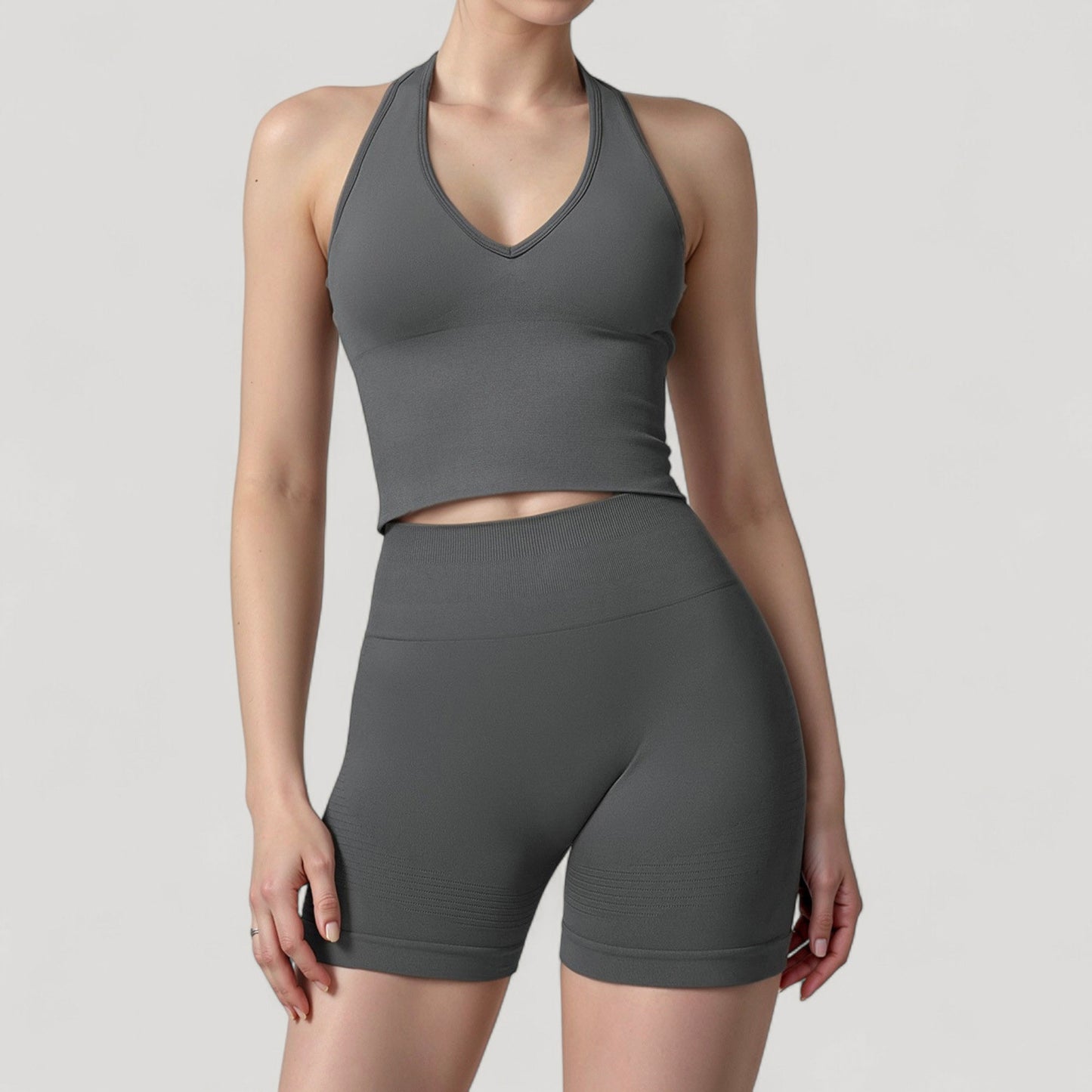 Anna-Kaci Active Women's Seamless Ribbed Knit Halter Crop Top with V-Neckline and Built-In Support