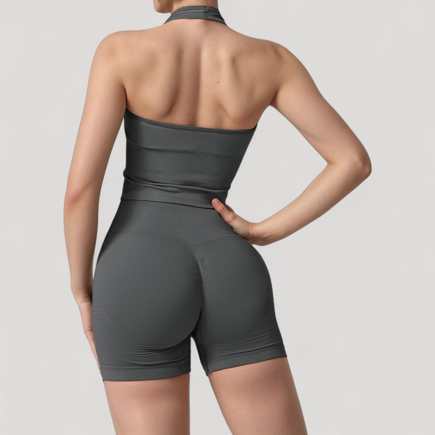 Anna-Kaci Active Women's Seamless Ribbed Knit Halter Crop Top with V-Neckline and Built-In Support