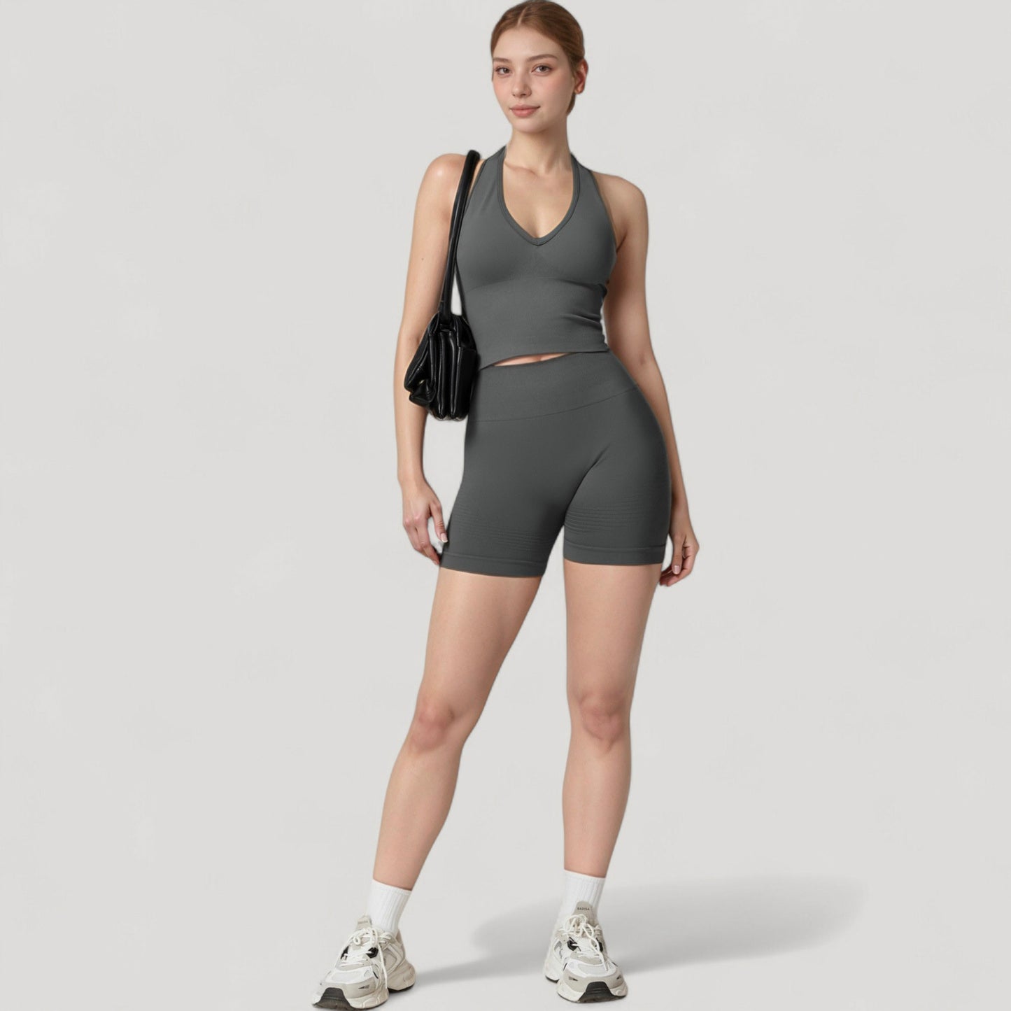 Anna-Kaci Active Women's Seamless Ribbed Knit Halter Crop Top with V-Neckline and Built-In Support