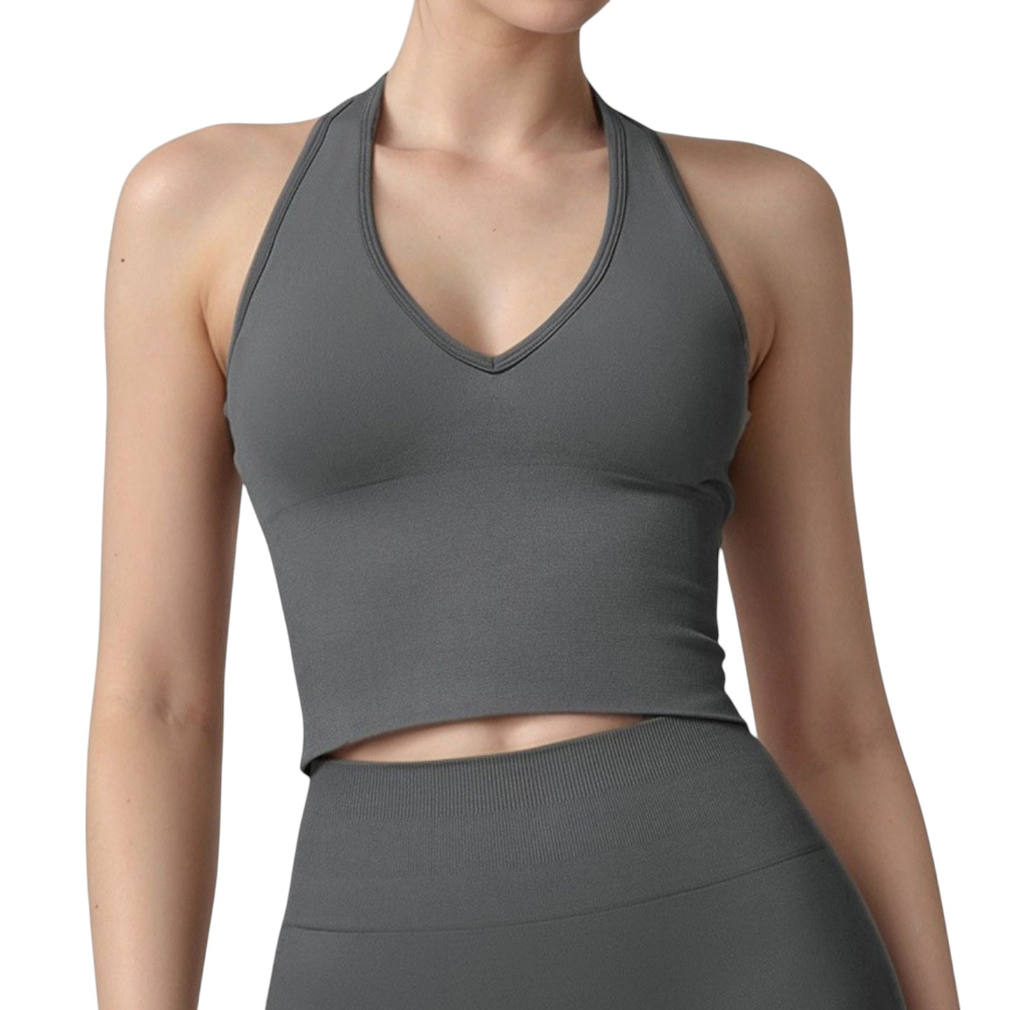Anna-Kaci Active Women's Seamless Ribbed Knit Halter Crop Top with V-Neckline and Built-In Support