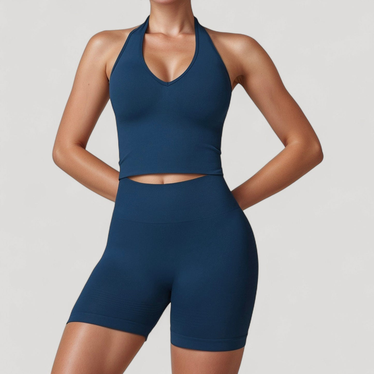 Anna-Kaci Active Women's Seamless Ribbed Knit Halter Crop Top with V-Neckline and Built-In Support
