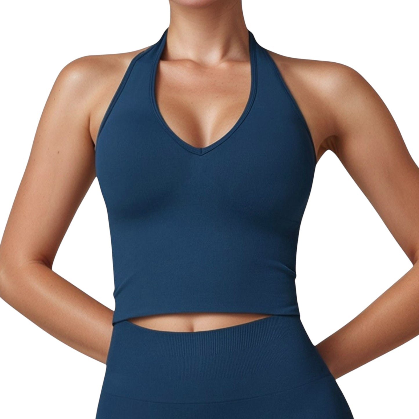Anna-Kaci Active Women's Seamless Ribbed Knit Halter Crop Top with V-Neckline and Built-In Support