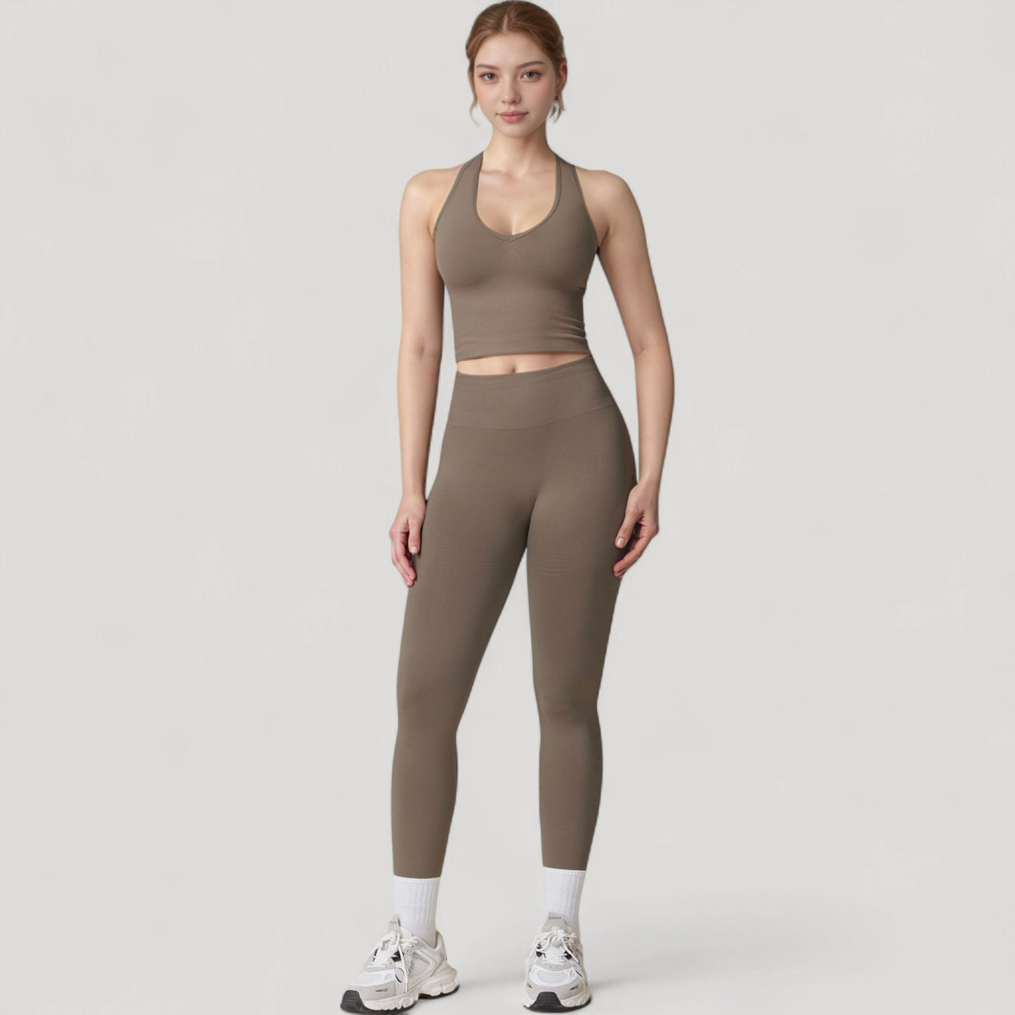 Anna-Kaci Active Women's Seamless Ribbed Knit Halter Crop Top with V-Neckline and Built-In Support