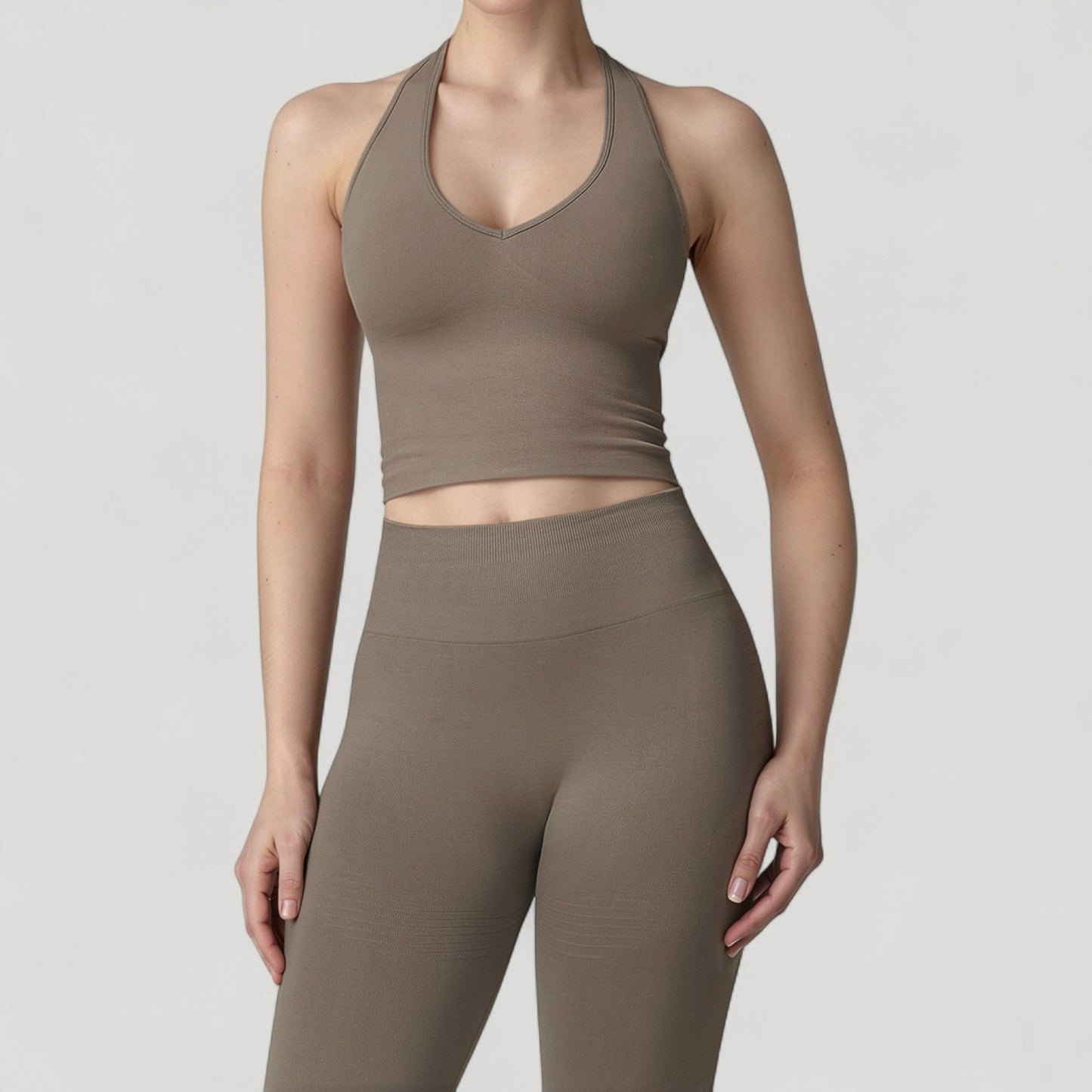 Anna-Kaci Active Women's Seamless Ribbed Knit Halter Crop Top with V-Neckline and Built-In Support