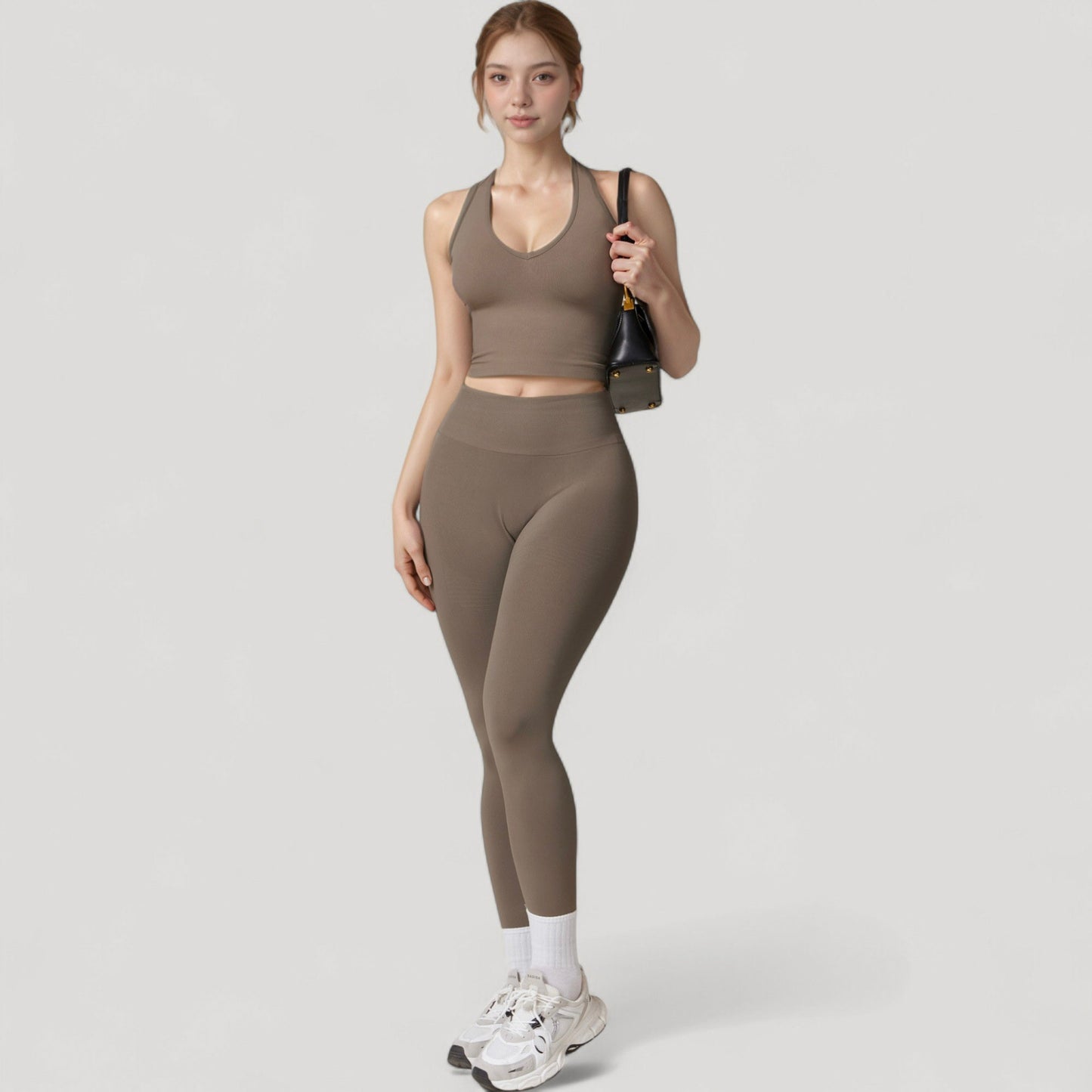 Anna-Kaci Active Women's Seamless Ribbed Knit Halter Crop Top with V-Neckline and Built-In Support