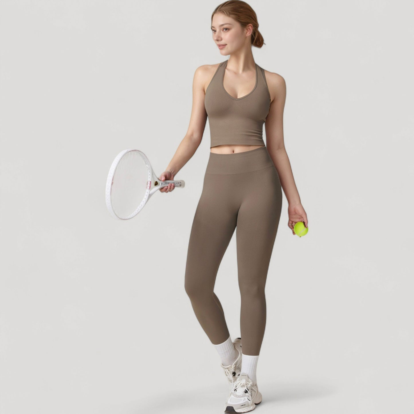 Anna-Kaci Active Women's Seamless Ribbed Knit Halter Crop Top with V-Neckline and Built-In Support