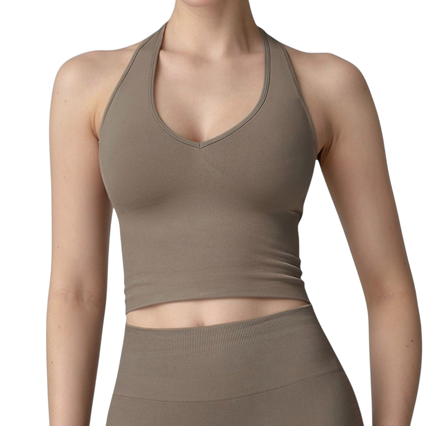Anna-Kaci Active Women's Seamless Ribbed Knit Halter Crop Top with V-Neckline and Built-In Support
