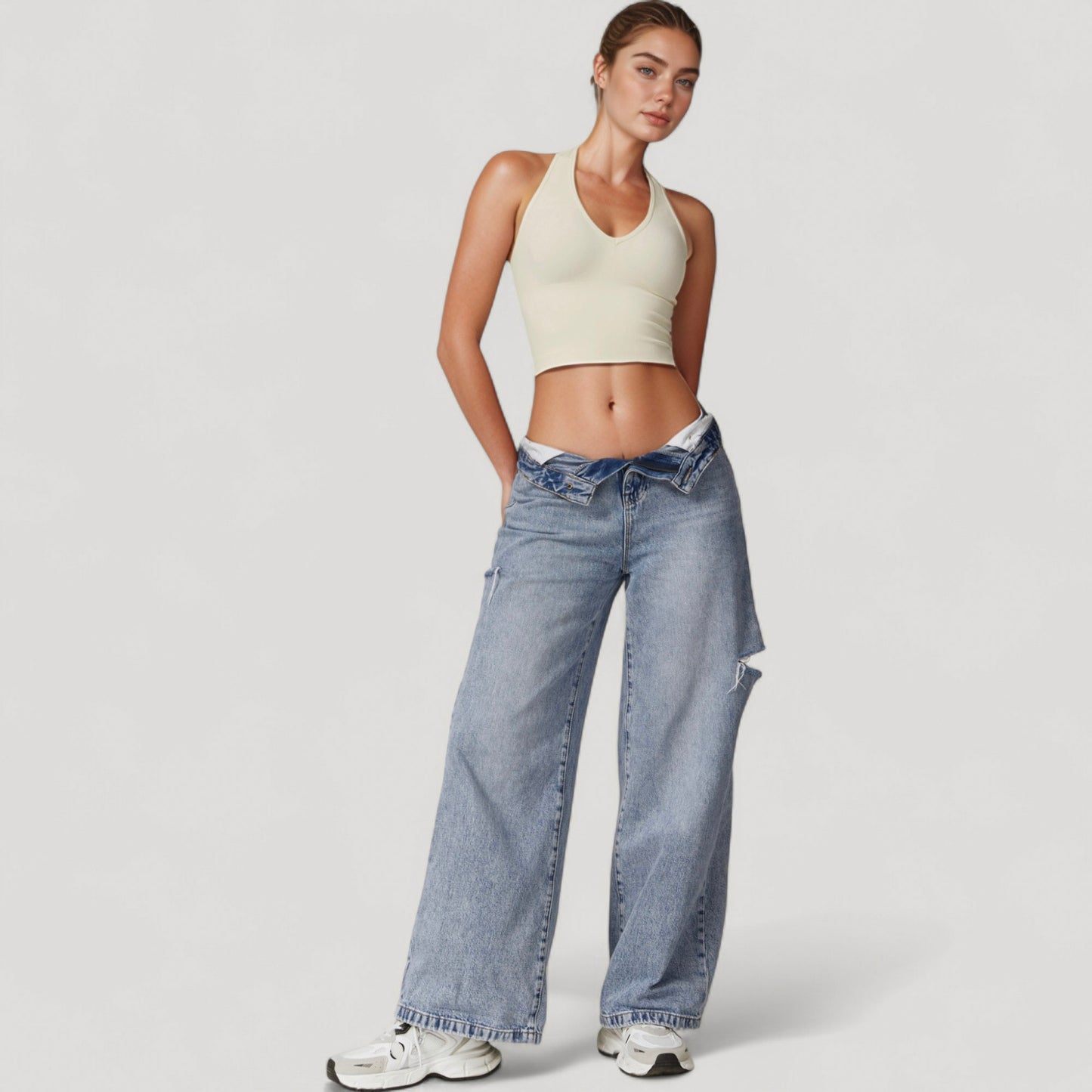 Anna-Kaci Active Women's Seamless Ribbed Knit Halter Crop Top with V-Neckline and Built-In Support