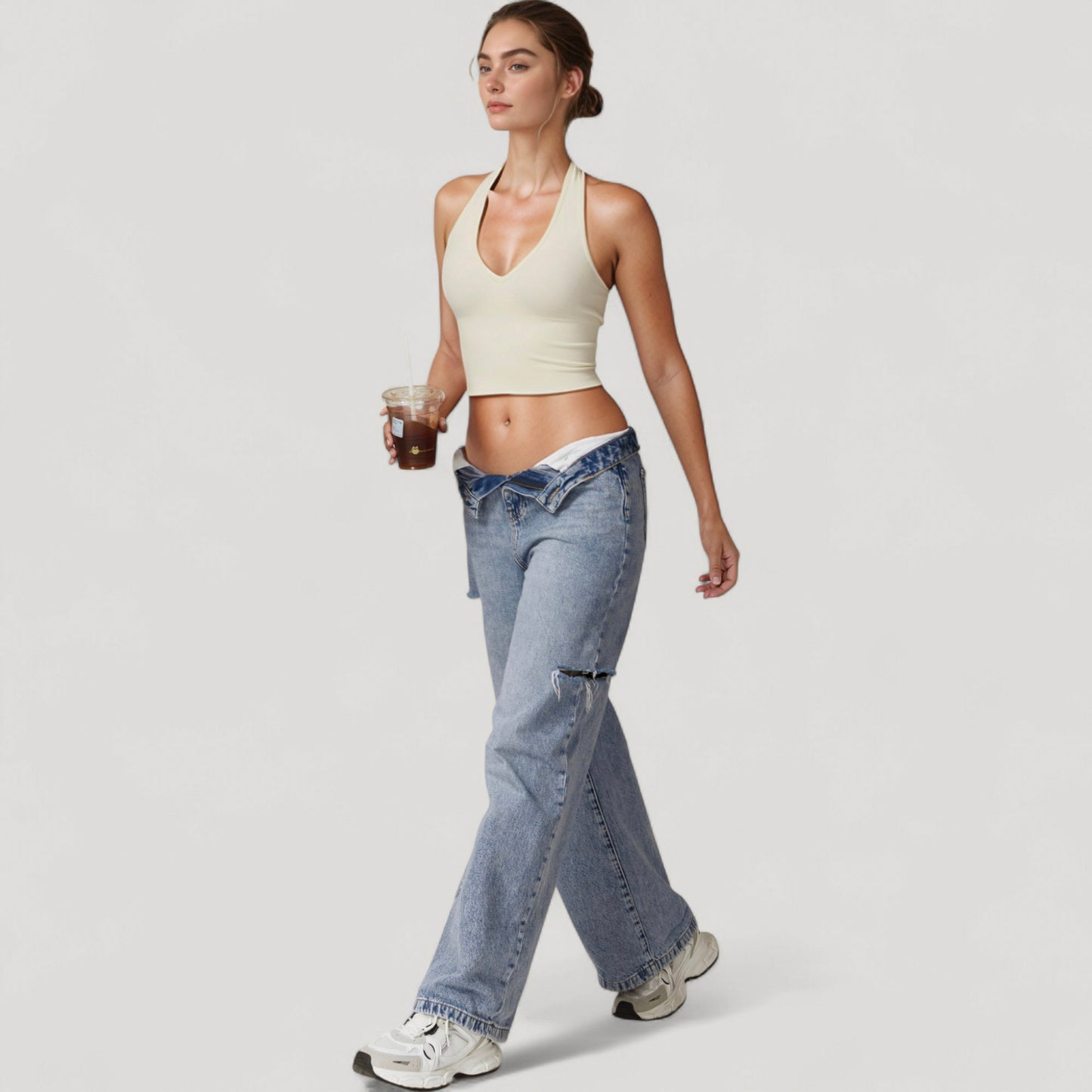 Anna-Kaci Active Women's Seamless Ribbed Knit Halter Crop Top with V-Neckline and Built-In Support