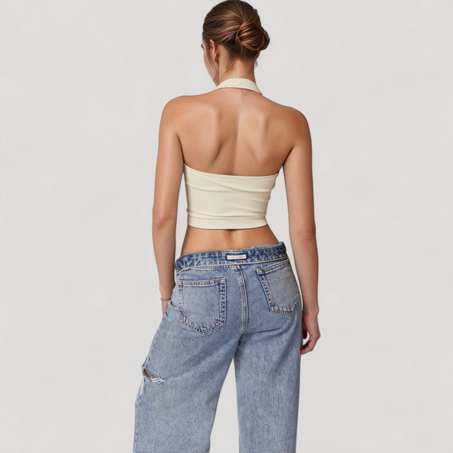 Anna-Kaci Active Women's Seamless Ribbed Knit Halter Crop Top with V-Neckline and Built-In Support