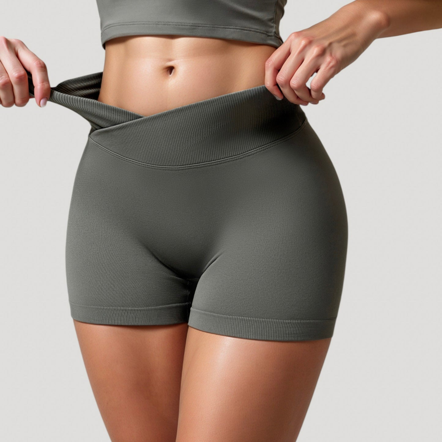 Anna-Kaci Active Women's High Waist Seamless Ribbed Biker Shorts with Crossover Waistband and Compression Fit