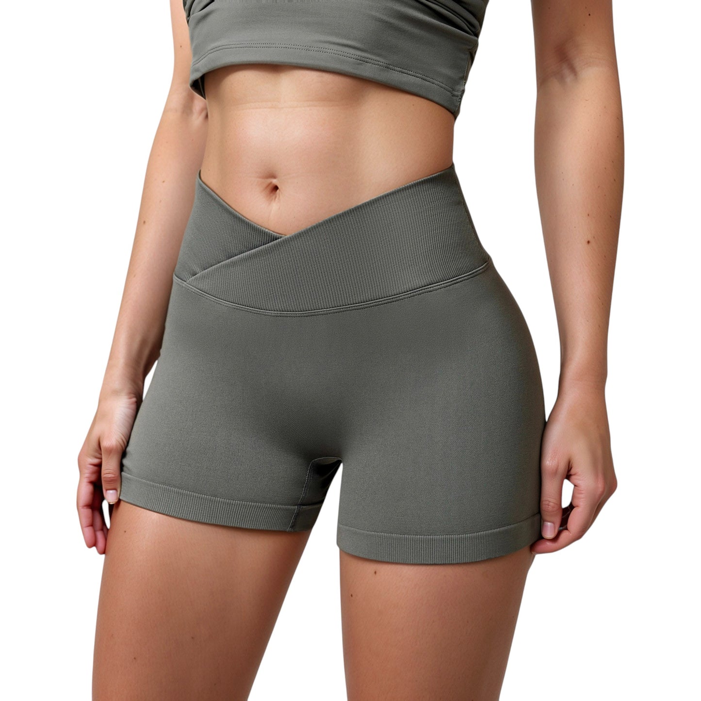Anna-Kaci Active Women's High Waist Seamless Ribbed Biker Shorts with Crossover Waistband and Compression Fit