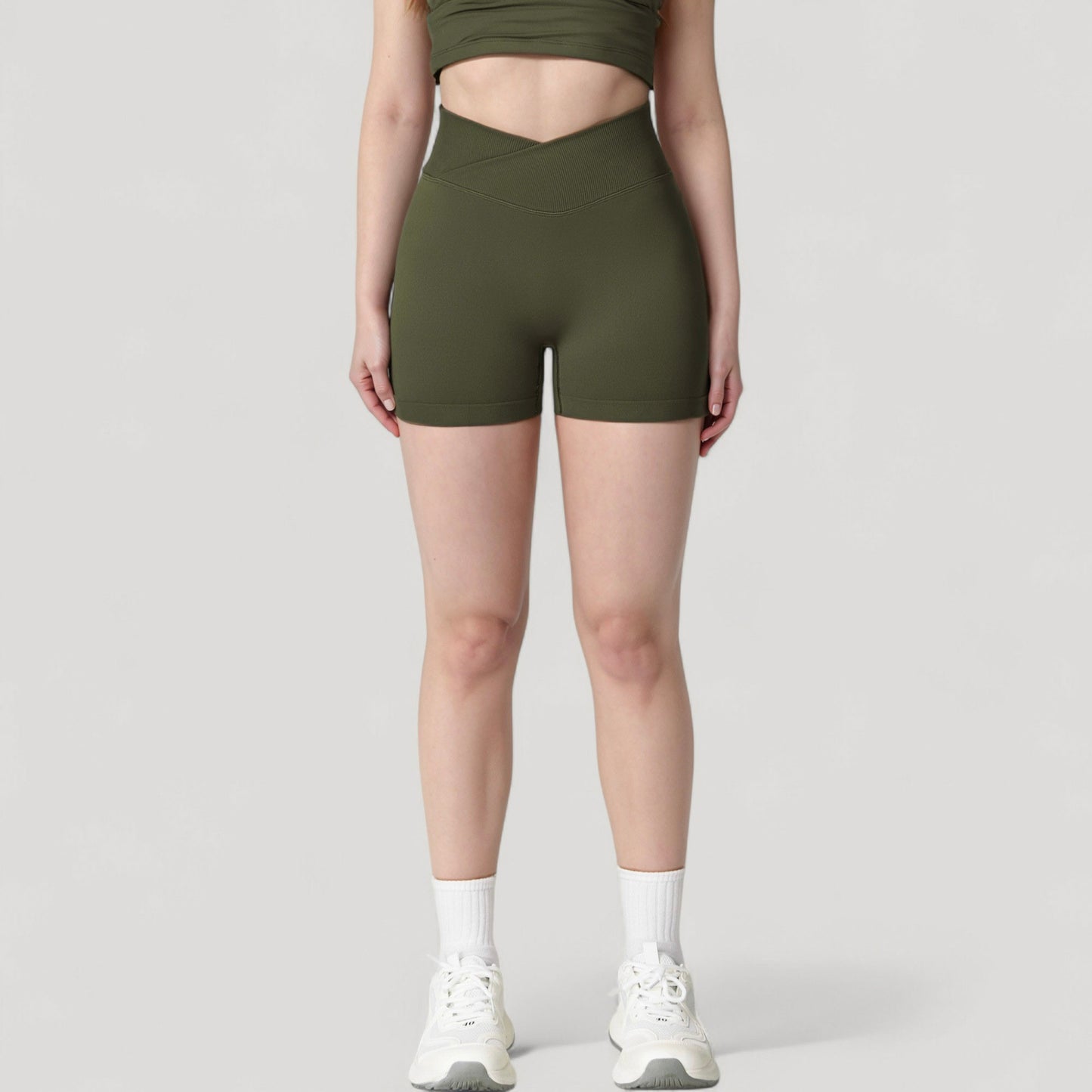 Anna-Kaci Active Women's High Waist Seamless Ribbed Biker Shorts with Crossover Waistband and Compression Fit