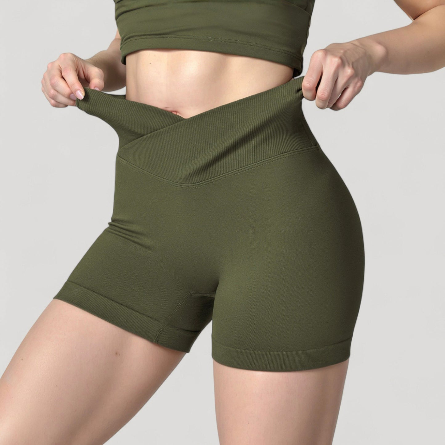 Anna-Kaci Active Women's High Waist Seamless Ribbed Biker Shorts with Crossover Waistband and Compression Fit