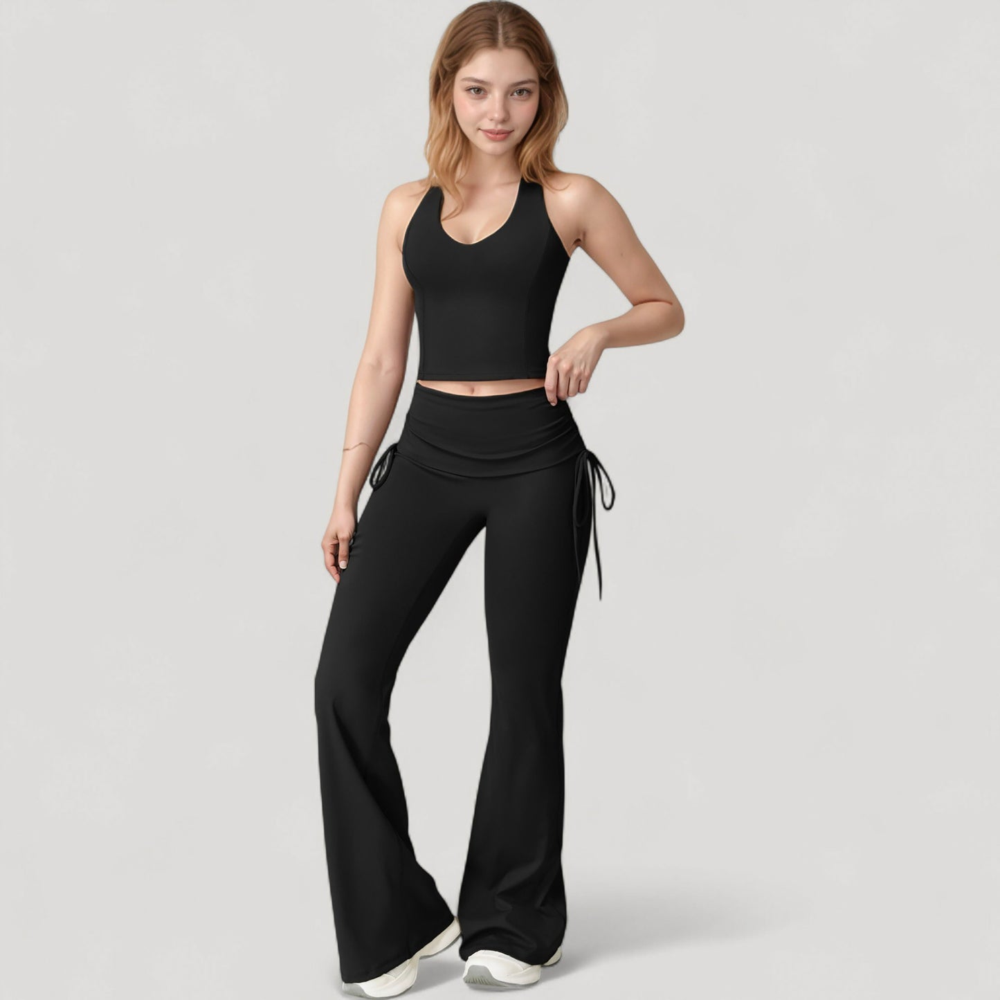 Anna-Kaci Active Women's Drawstring Ruched Waist Flared Leg Pants Stretch Fabric Active Yoga Lounge Bottoms