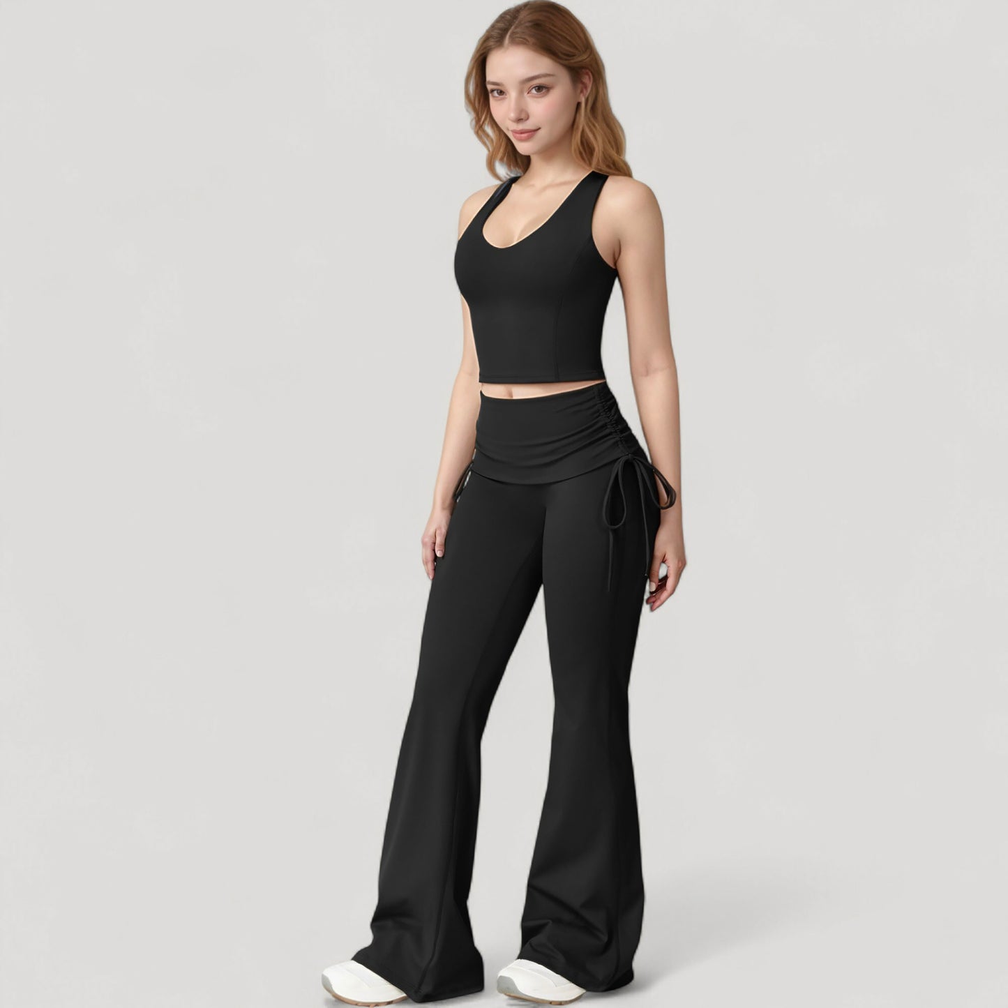 Anna-Kaci Active Women's Drawstring Ruched Waist Flared Leg Pants Stretch Fabric Active Yoga Lounge Bottoms