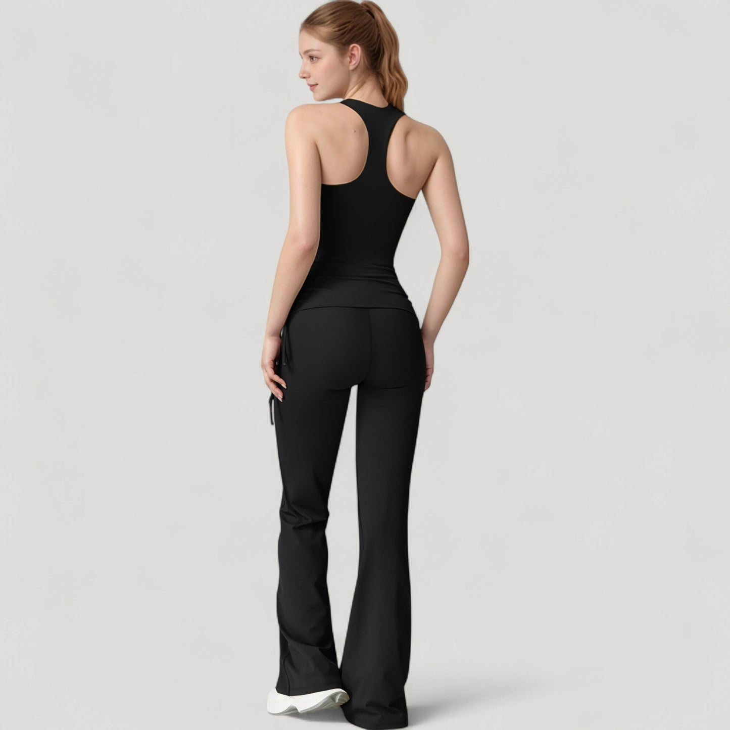 Anna-Kaci Active Women's Drawstring Ruched Waist Flared Leg Pants Stretch Fabric Active Yoga Lounge Bottoms