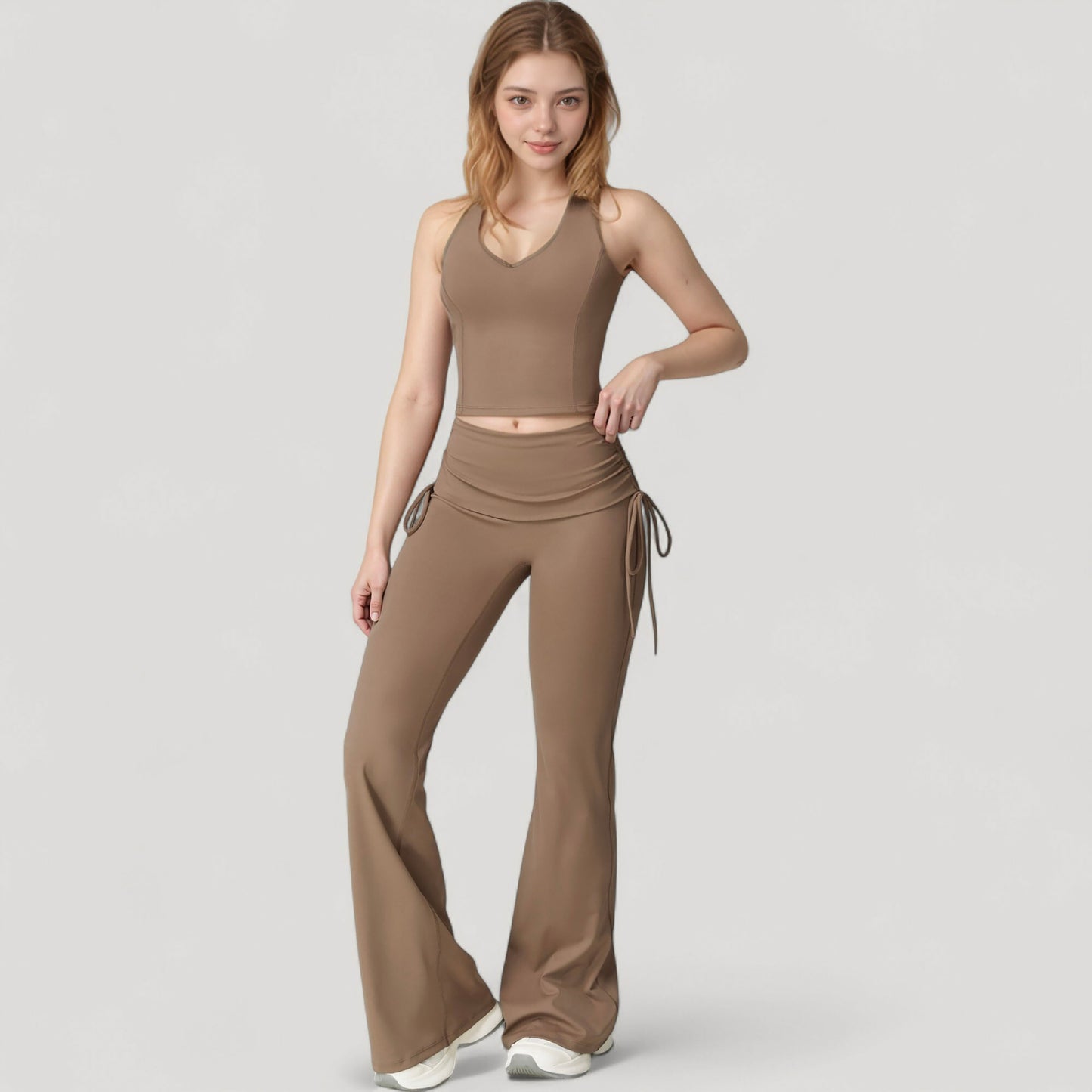 Anna-Kaci Active Women's Drawstring Ruched Waist Flared Leg Pants Stretch Fabric Active Yoga Lounge Bottoms
