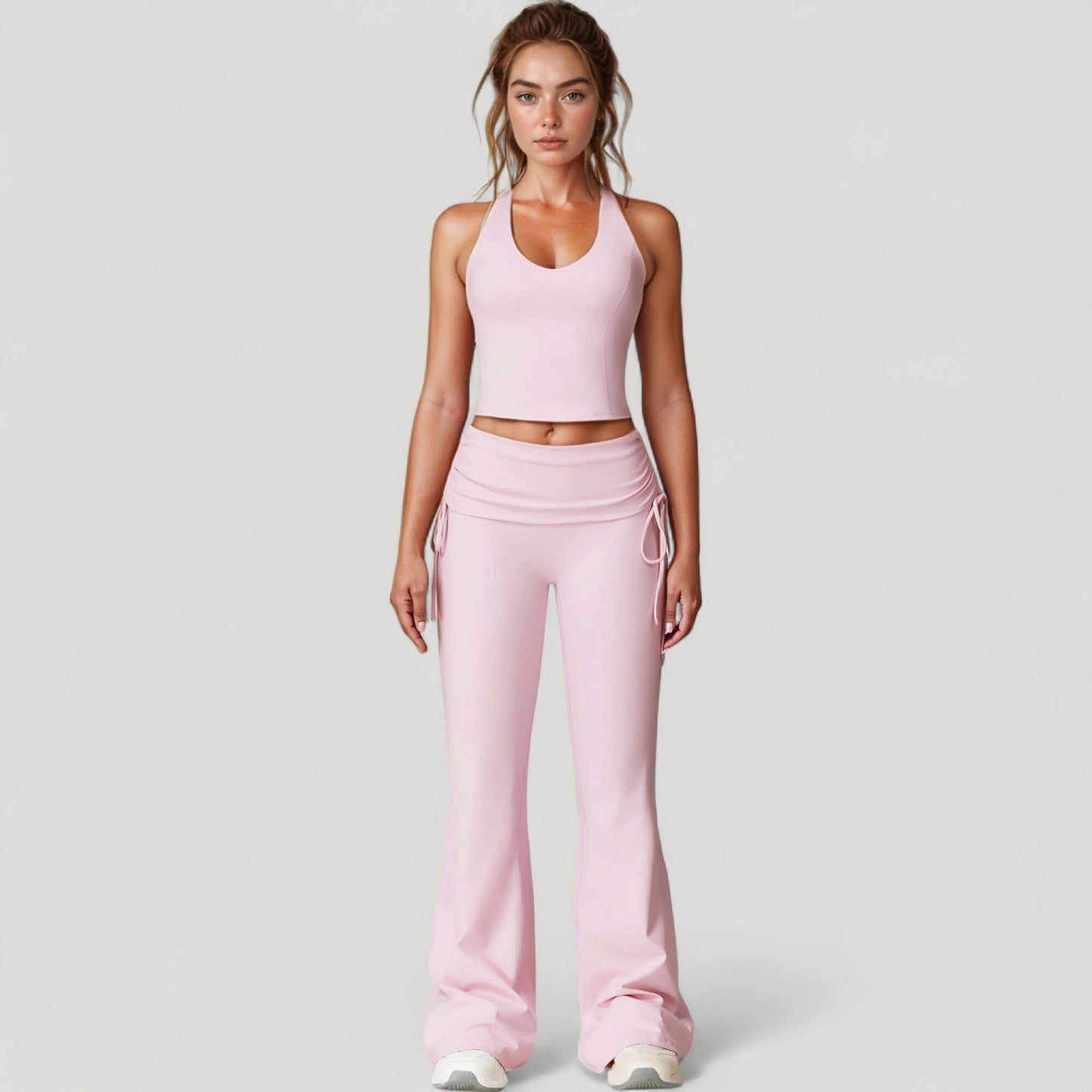 Anna-Kaci Active Women's Drawstring Ruched Waist Flared Leg Pants Stretch Fabric Active Yoga Lounge Bottoms
