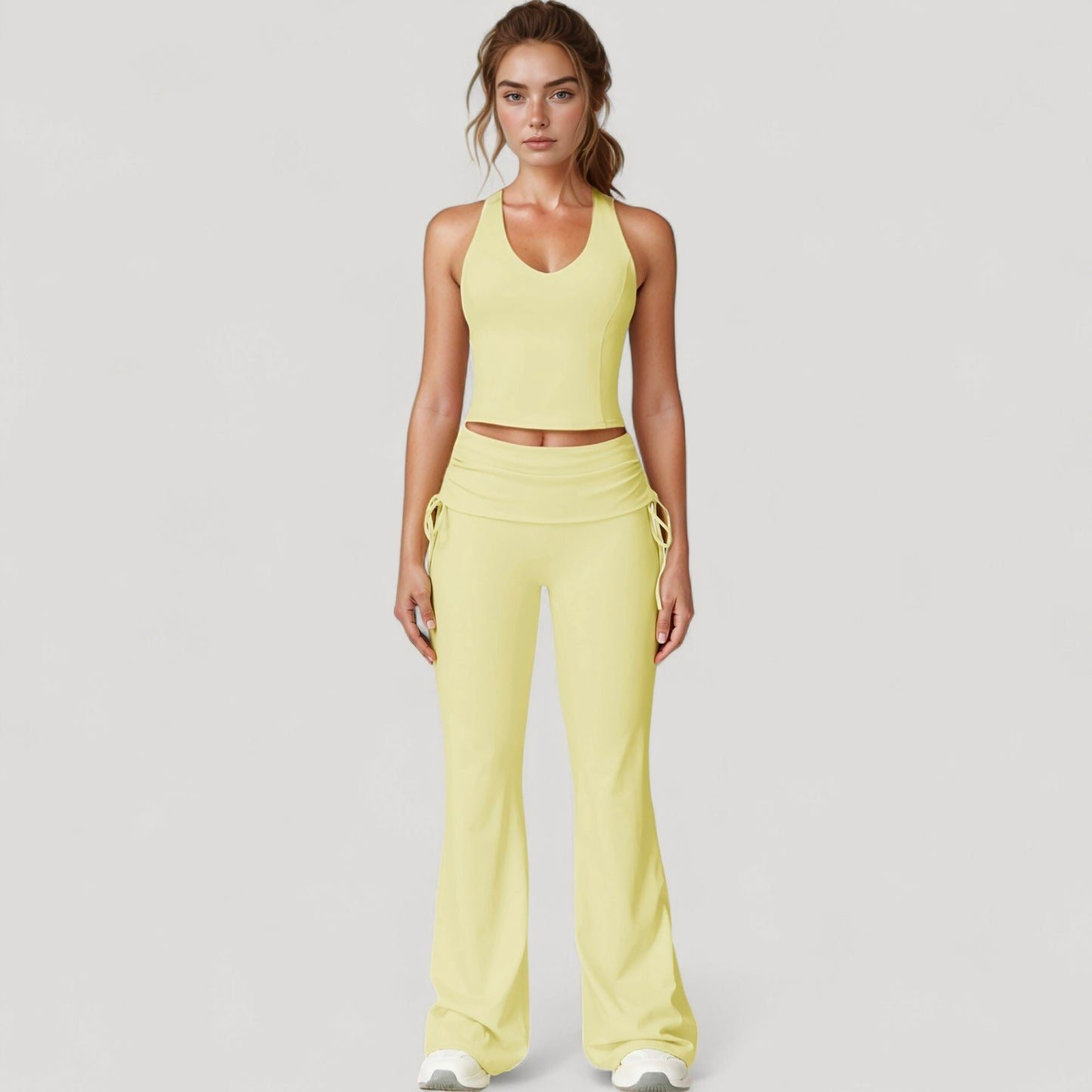 Anna-Kaci Active Women's Drawstring Ruched Waist Flared Leg Pants Stretch Fabric Active Yoga Lounge Bottoms