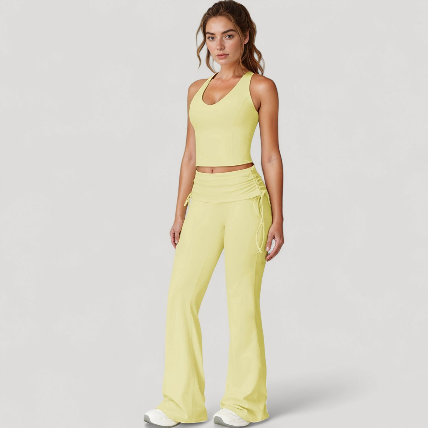 Anna-Kaci Active Women's Drawstring Ruched Waist Flared Leg Pants Stretch Fabric Active Yoga Lounge Bottoms