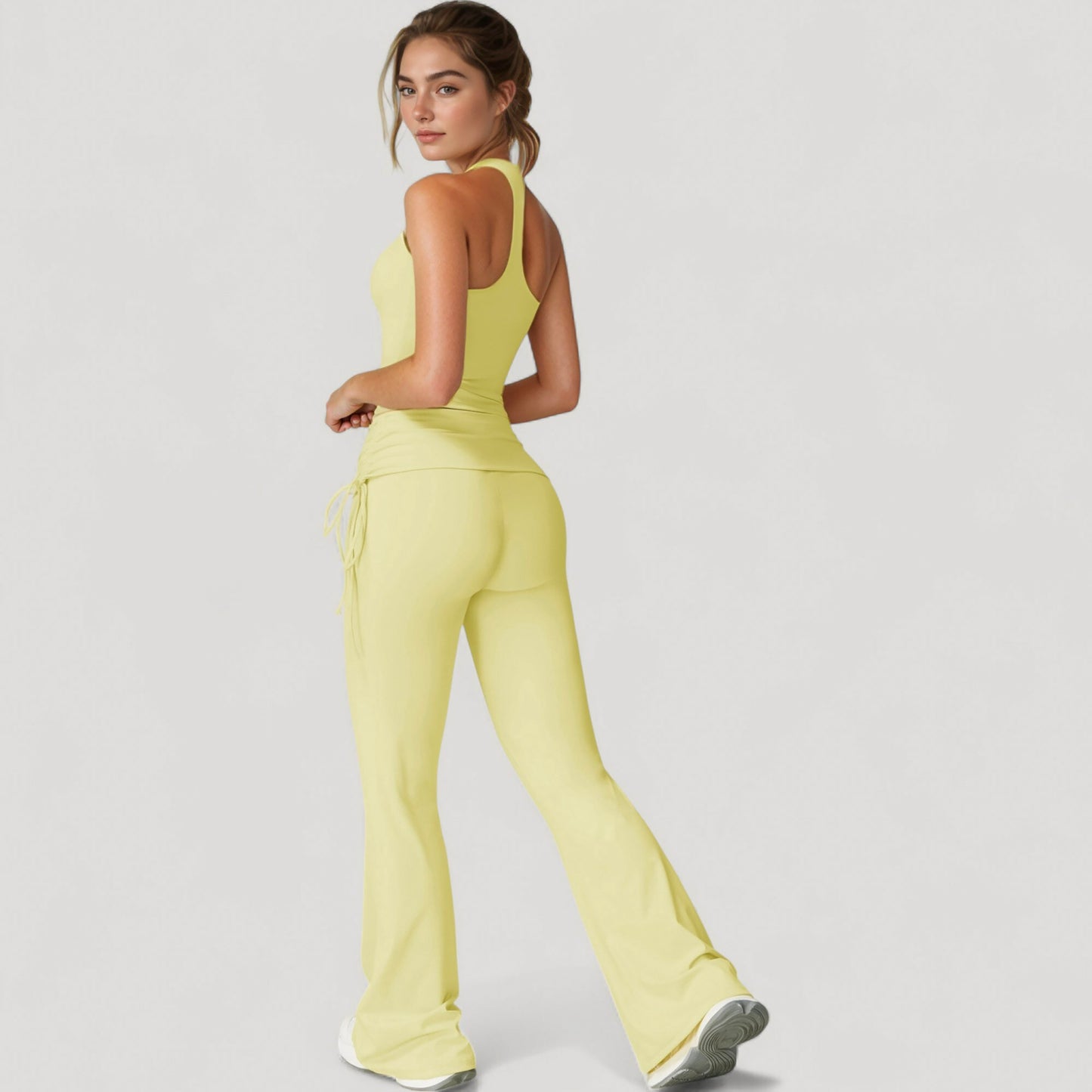 Anna-Kaci Active Women's Drawstring Ruched Waist Flared Leg Pants Stretch Fabric Active Yoga Lounge Bottoms